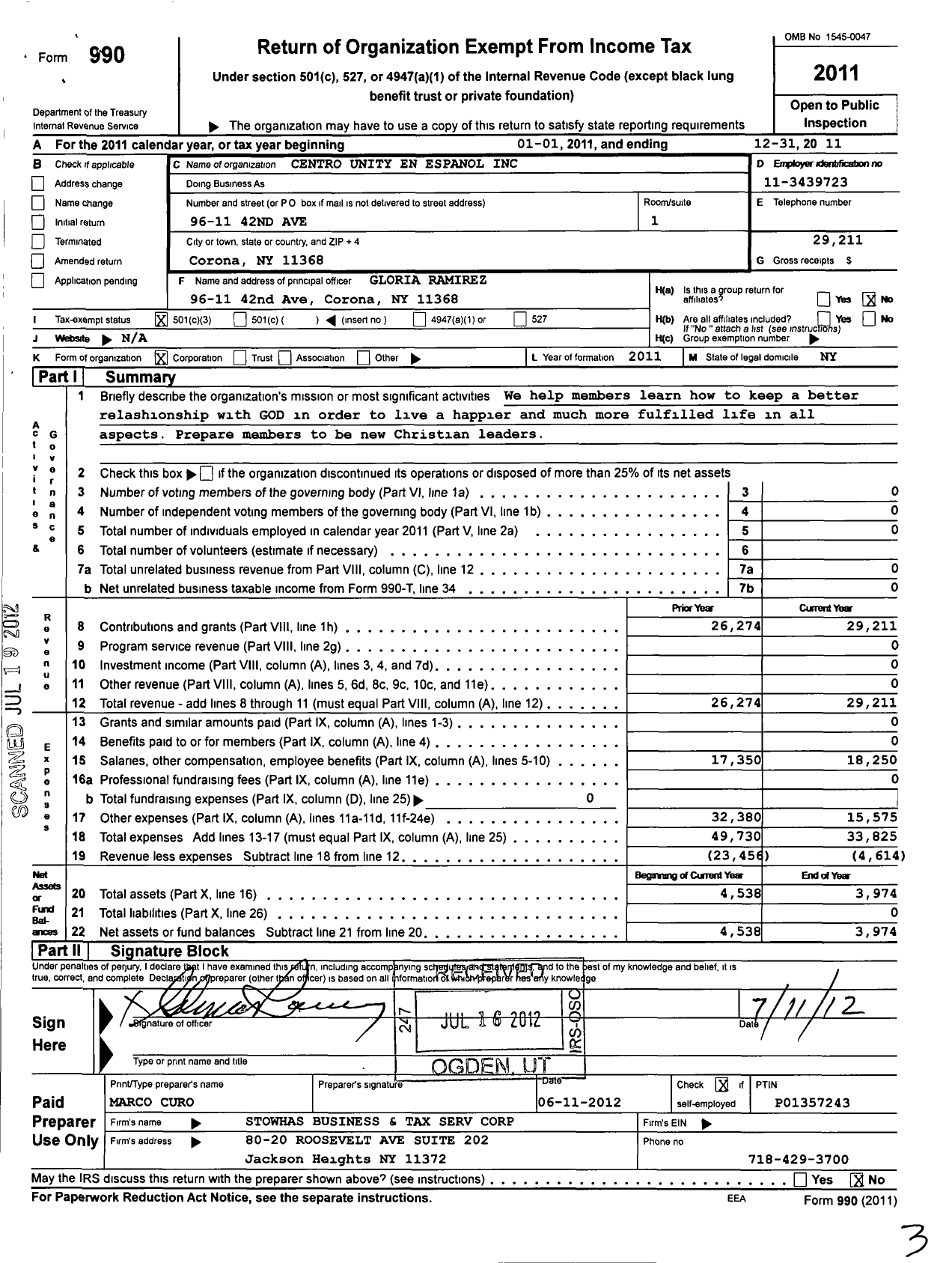 Image of first page of 2011 Form 990 for Centro Unity En Espanol