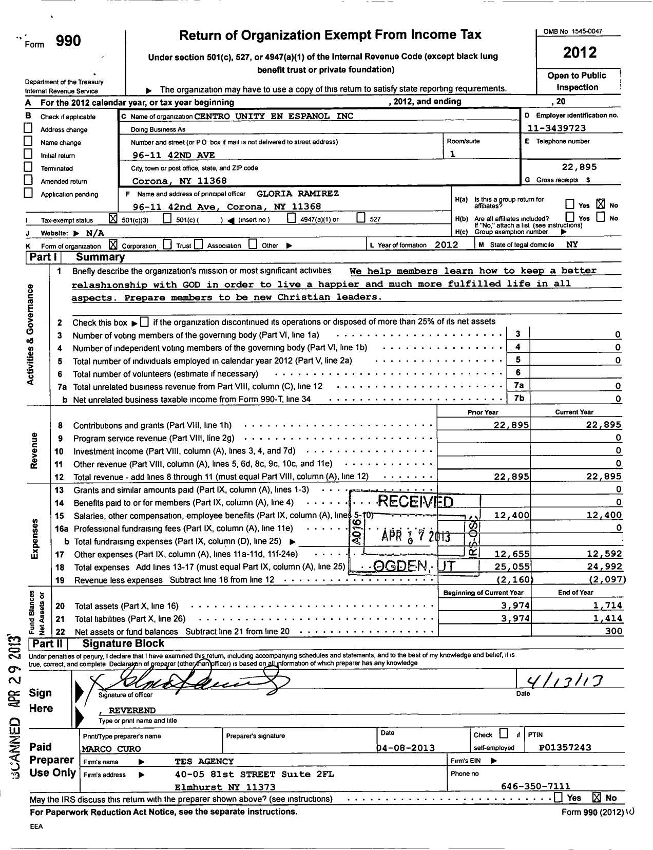 Image of first page of 2012 Form 990 for Centro Unity En Espanol