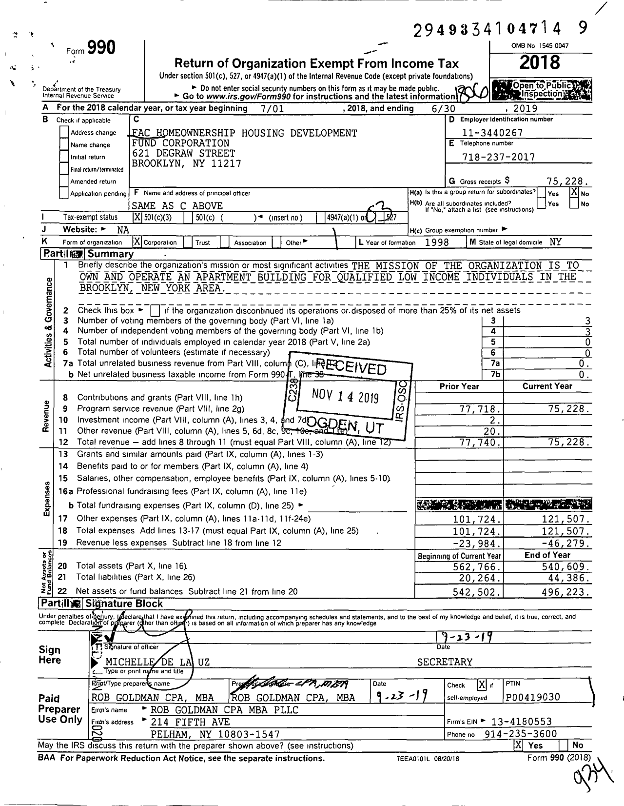 Image of first page of 2018 Form 990 for Fac Homeownership Housing Development Fund Corporation