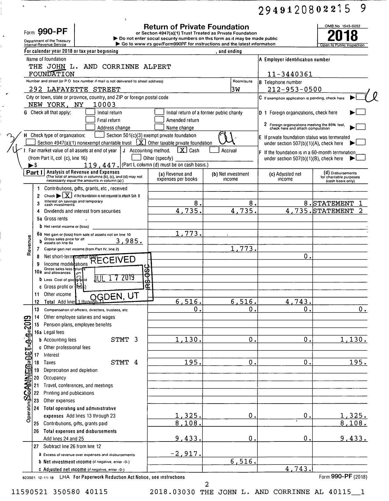 Image of first page of 2018 Form 990PF for The John L and Corrinne Alpert Foundation