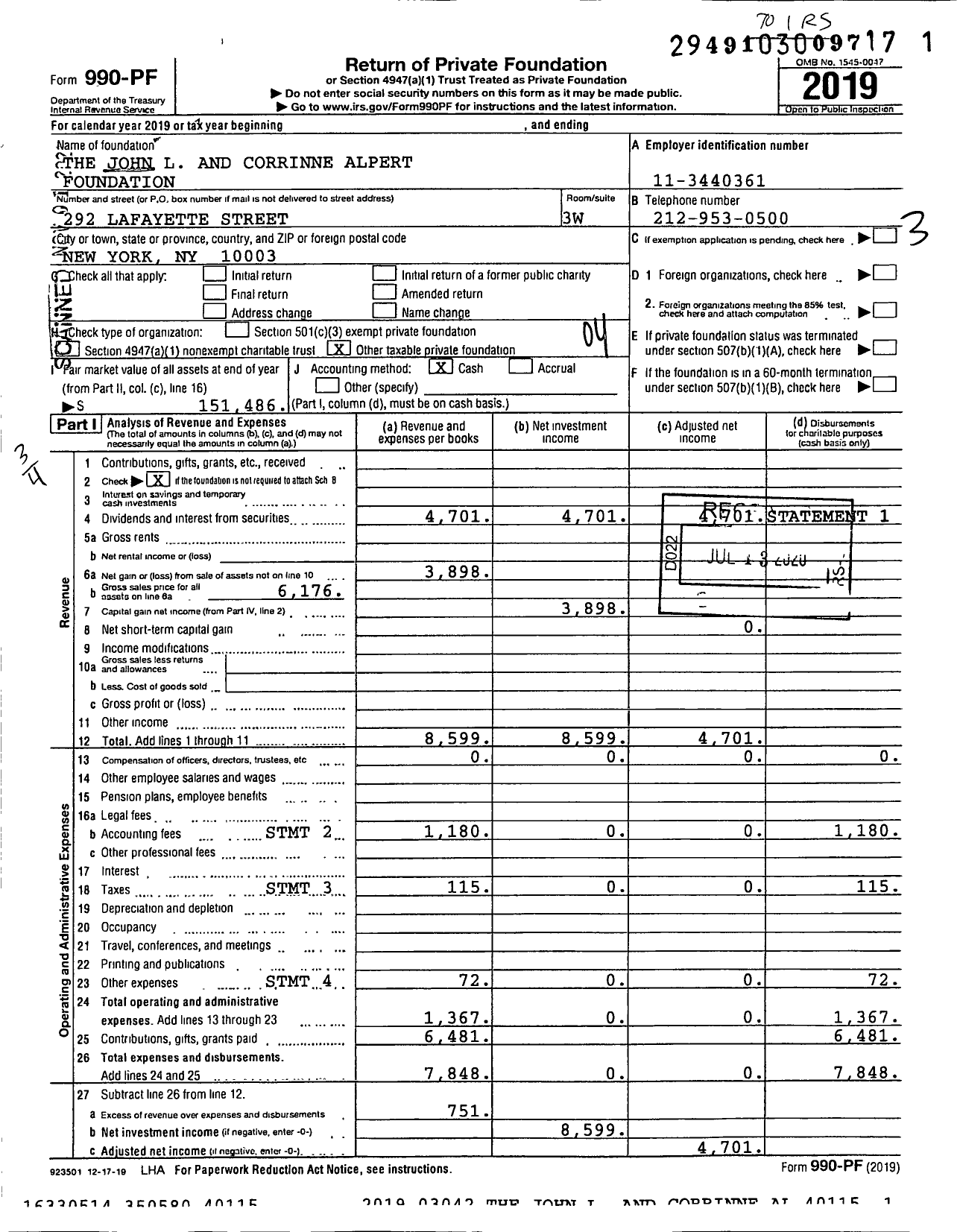 Image of first page of 2019 Form 990PF for The John L and Corrinne Alpert Foundation