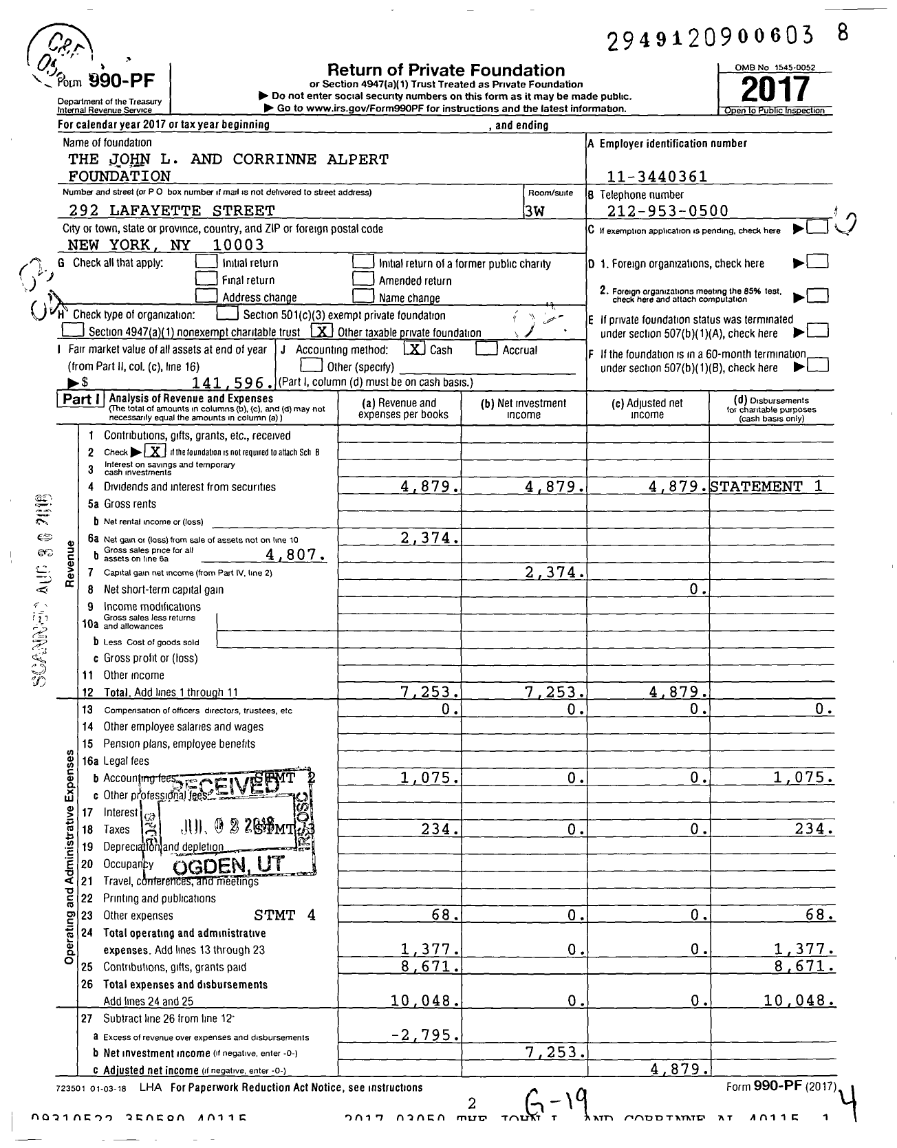 Image of first page of 2017 Form 990PF for The John L and Corrinne Alpert Foundation