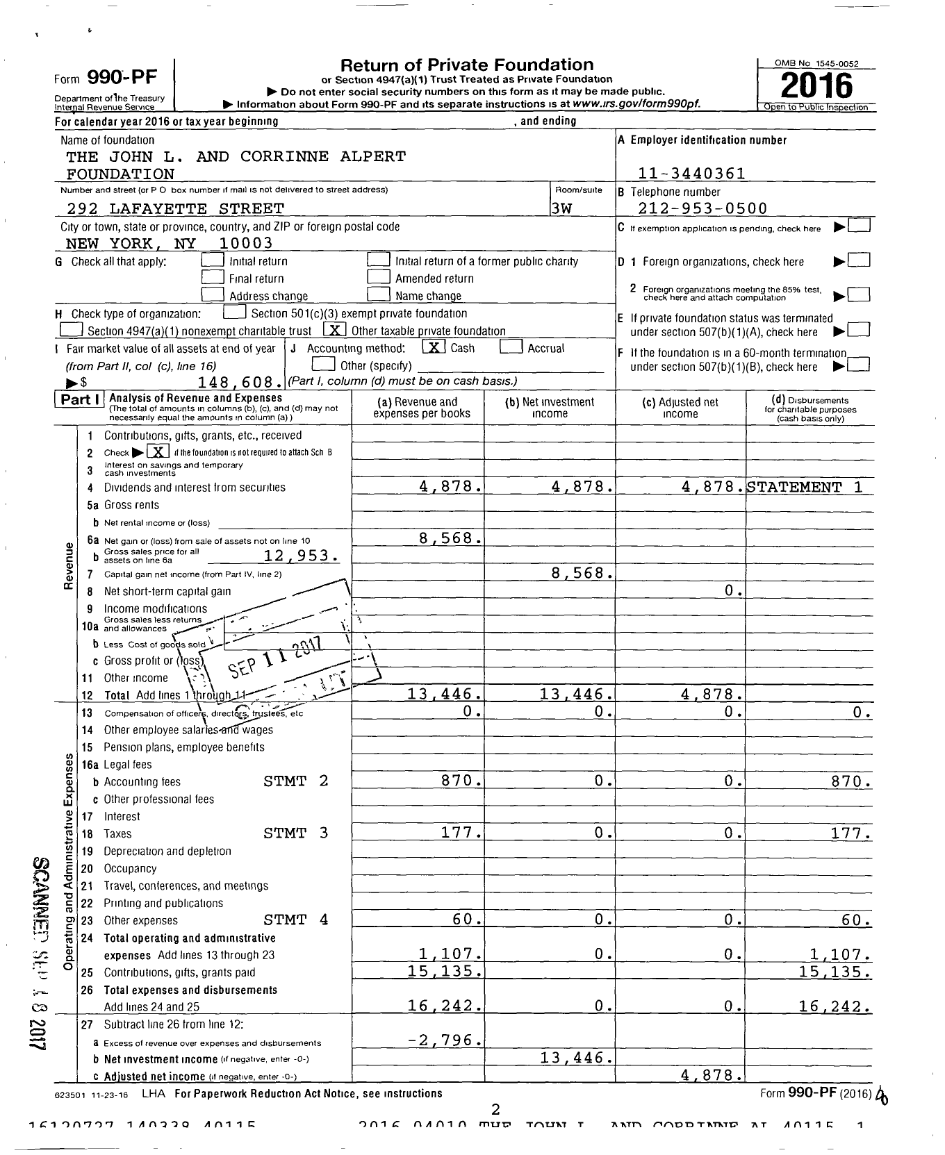 Image of first page of 2016 Form 990PF for The John L and Corrinne Alpert Foundation