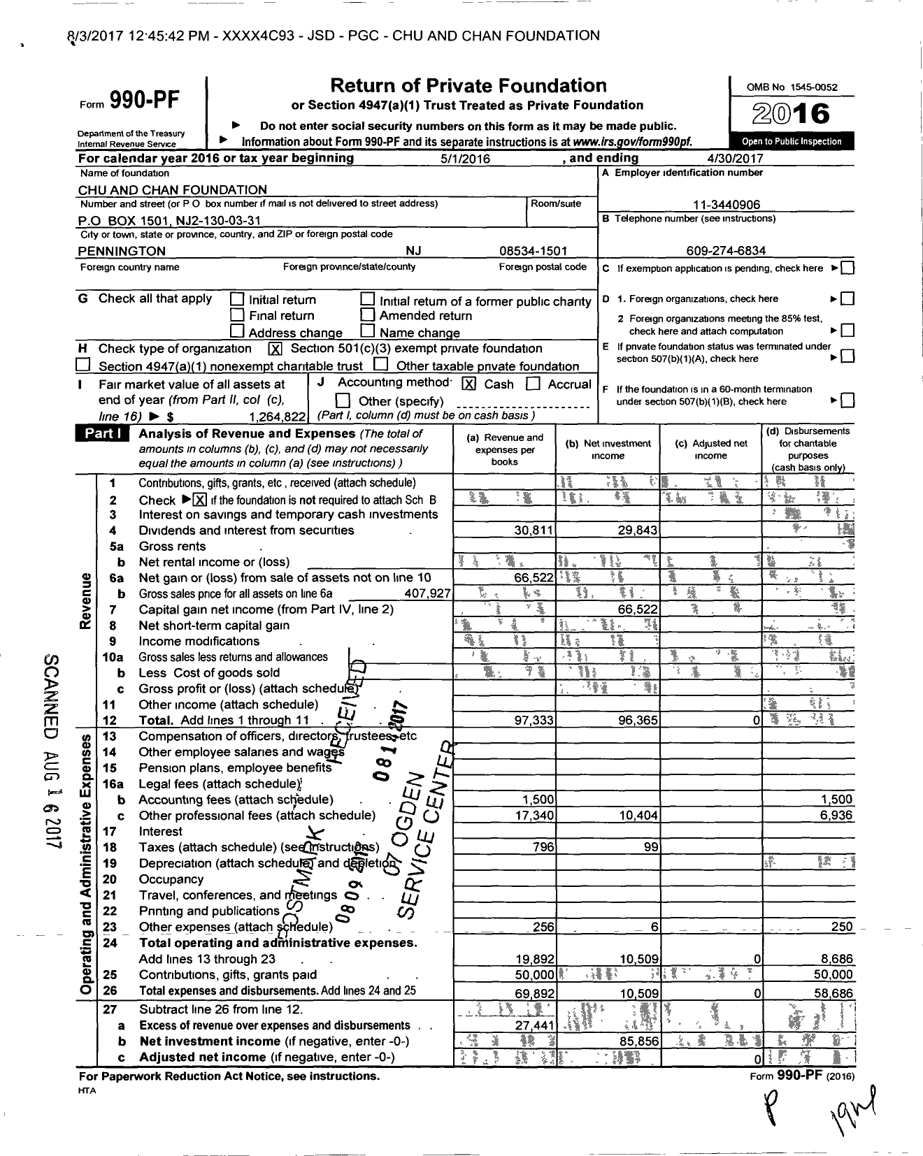 Image of first page of 2016 Form 990PF for Chu and Chan Foundation