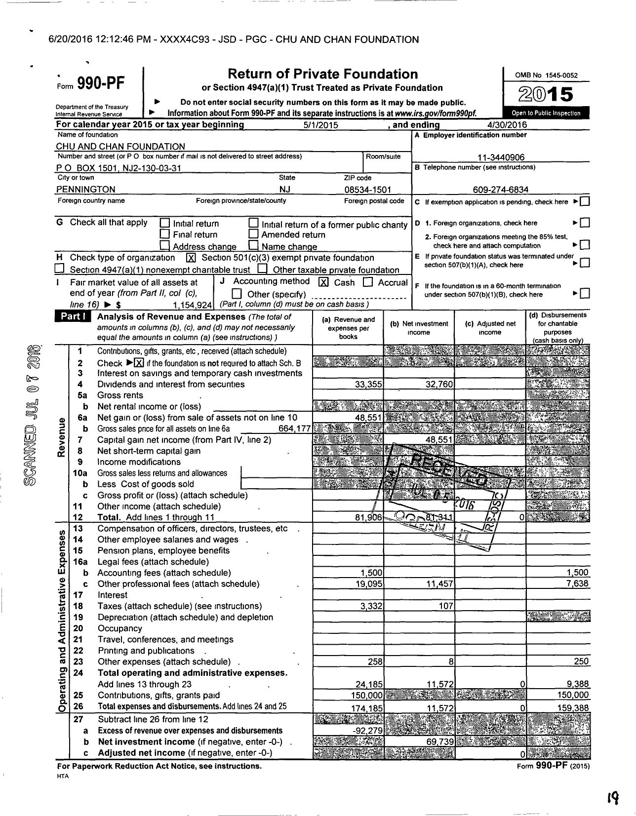 Image of first page of 2015 Form 990PF for Chu and Chan Foundation