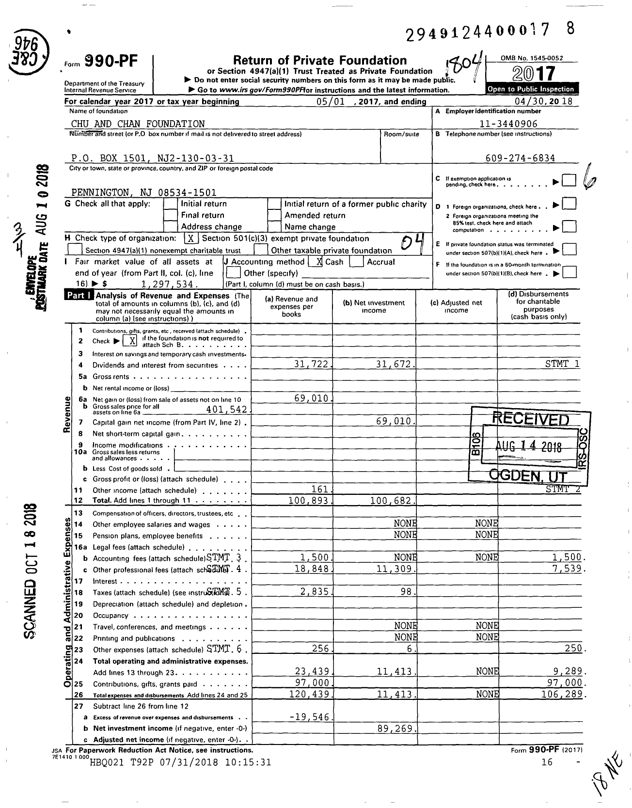 Image of first page of 2017 Form 990PF for Chu and Chan Foundation
