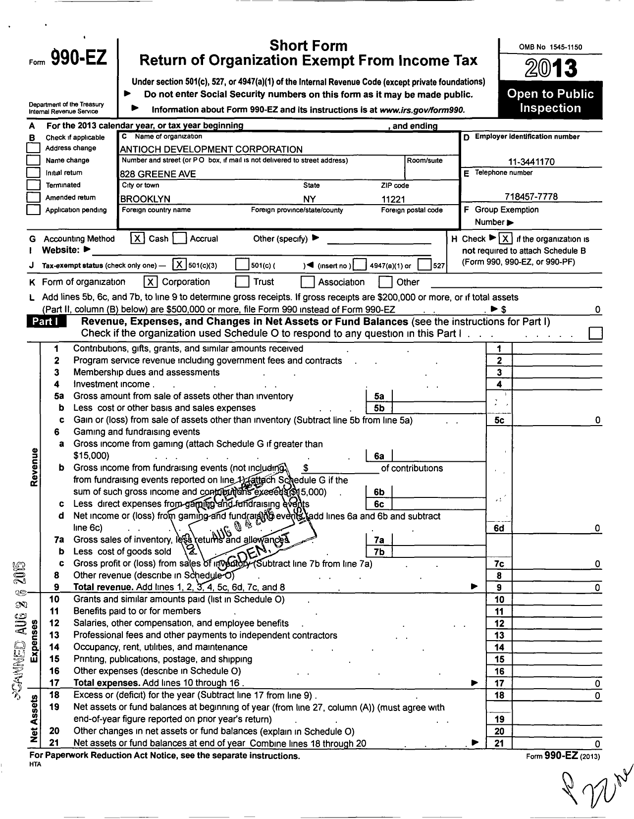 Image of first page of 2013 Form 990EZ for Antioch Development Corporation