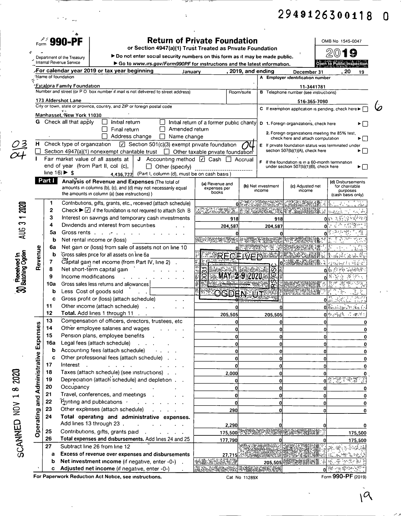 Image of first page of 2019 Form 990PF for Ficalora Family Foundation