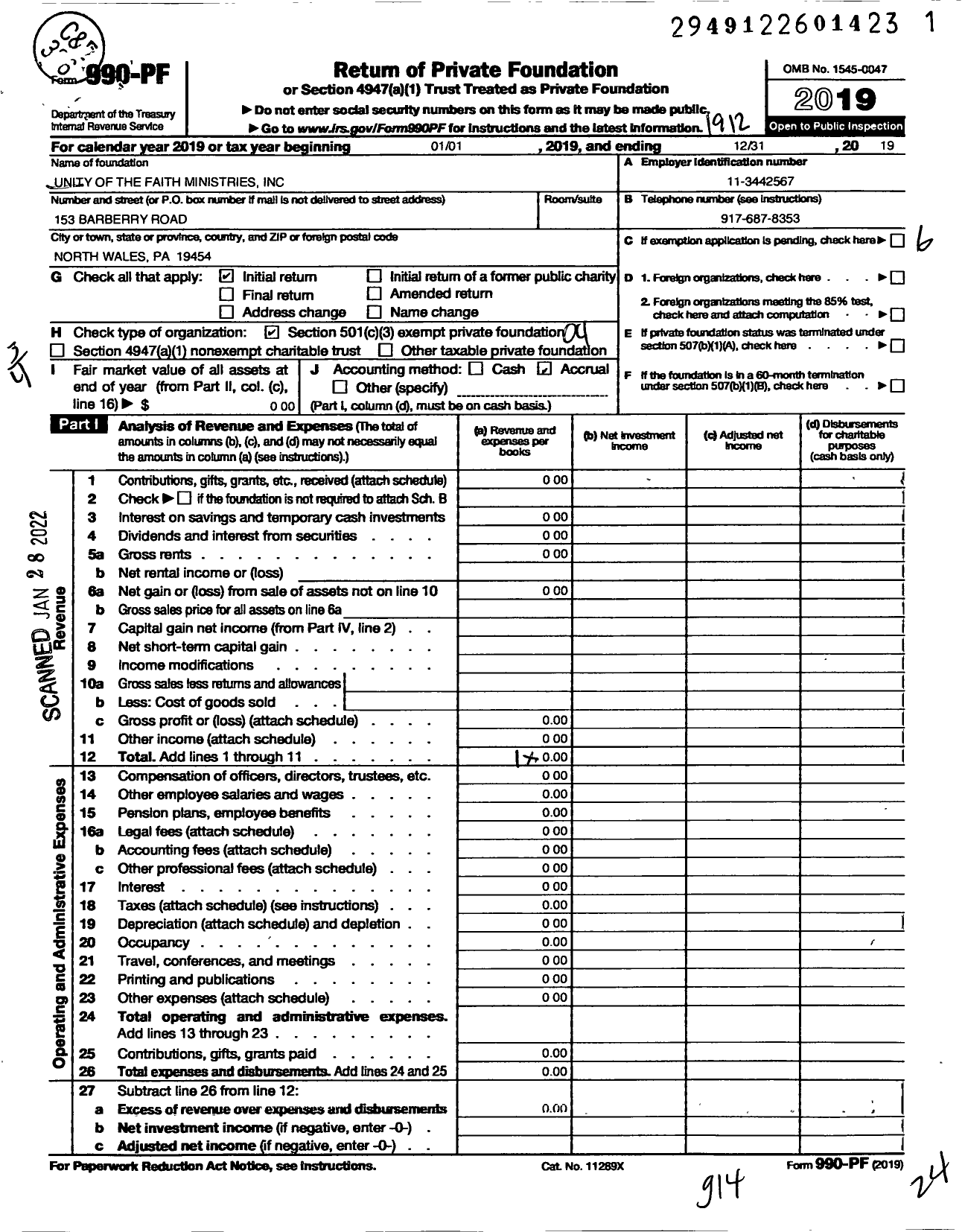 Image of first page of 2019 Form 990PF for Unity of the Faith Ministries