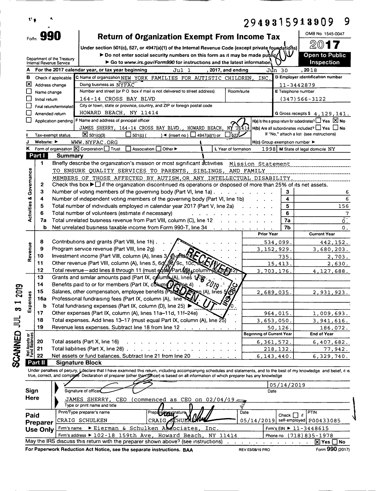 Image of first page of 2017 Form 990 for New York Families for Autistic Children (NYFAC)