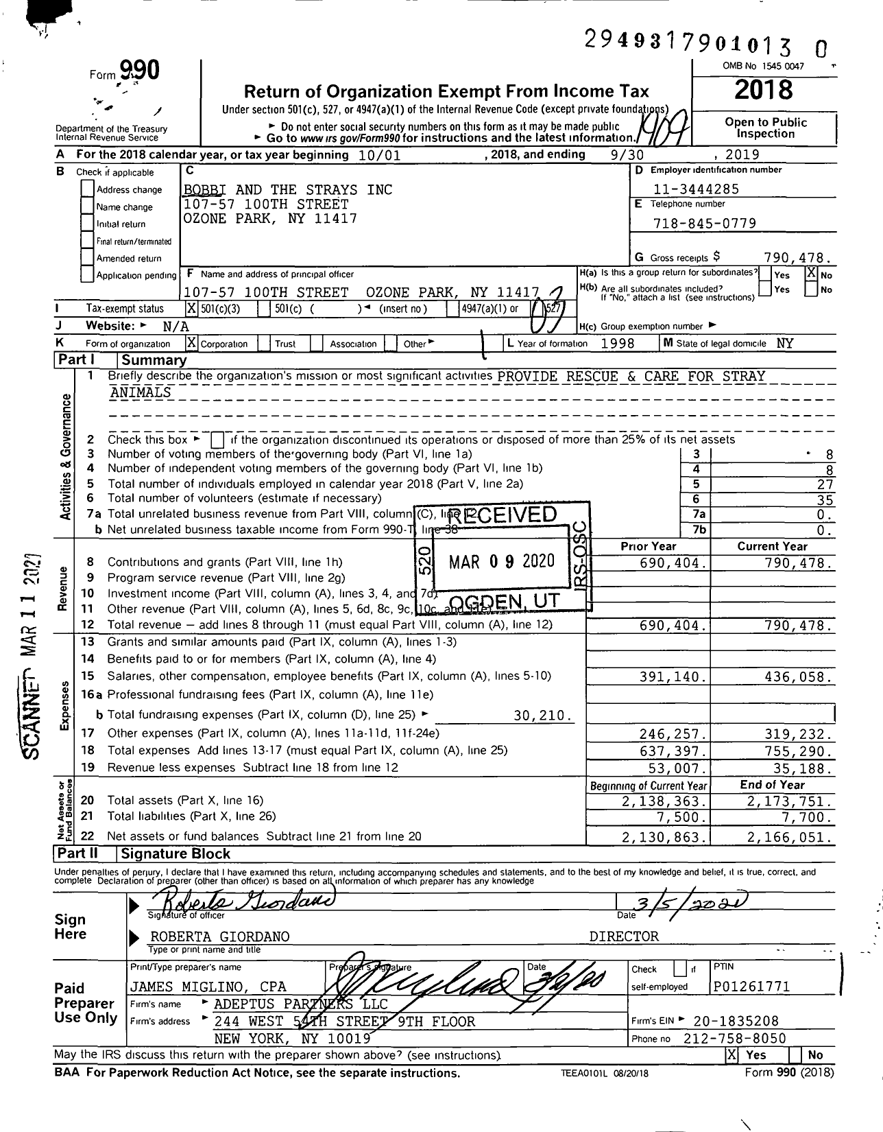 Image of first page of 2018 Form 990 for Bobbi and the Strays