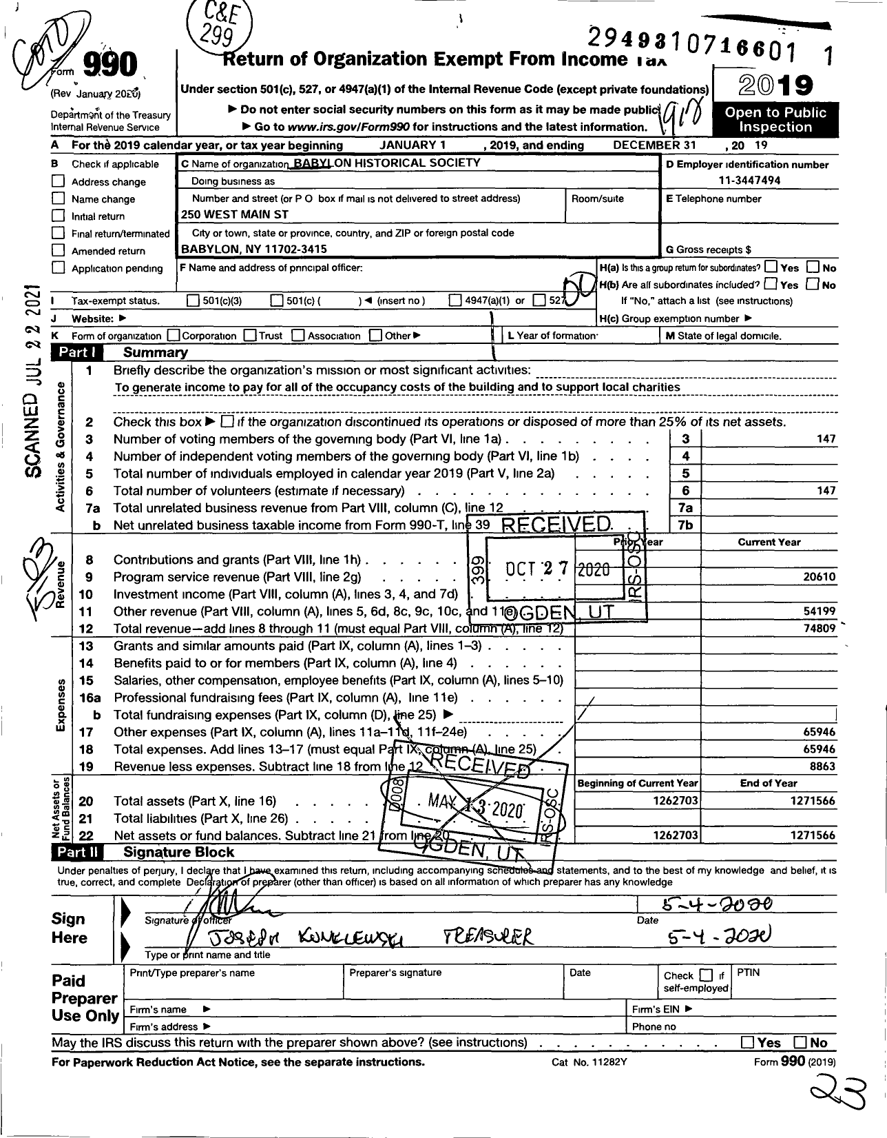 Image of first page of 2019 Form 990 for Babylon Masonic Historical Society