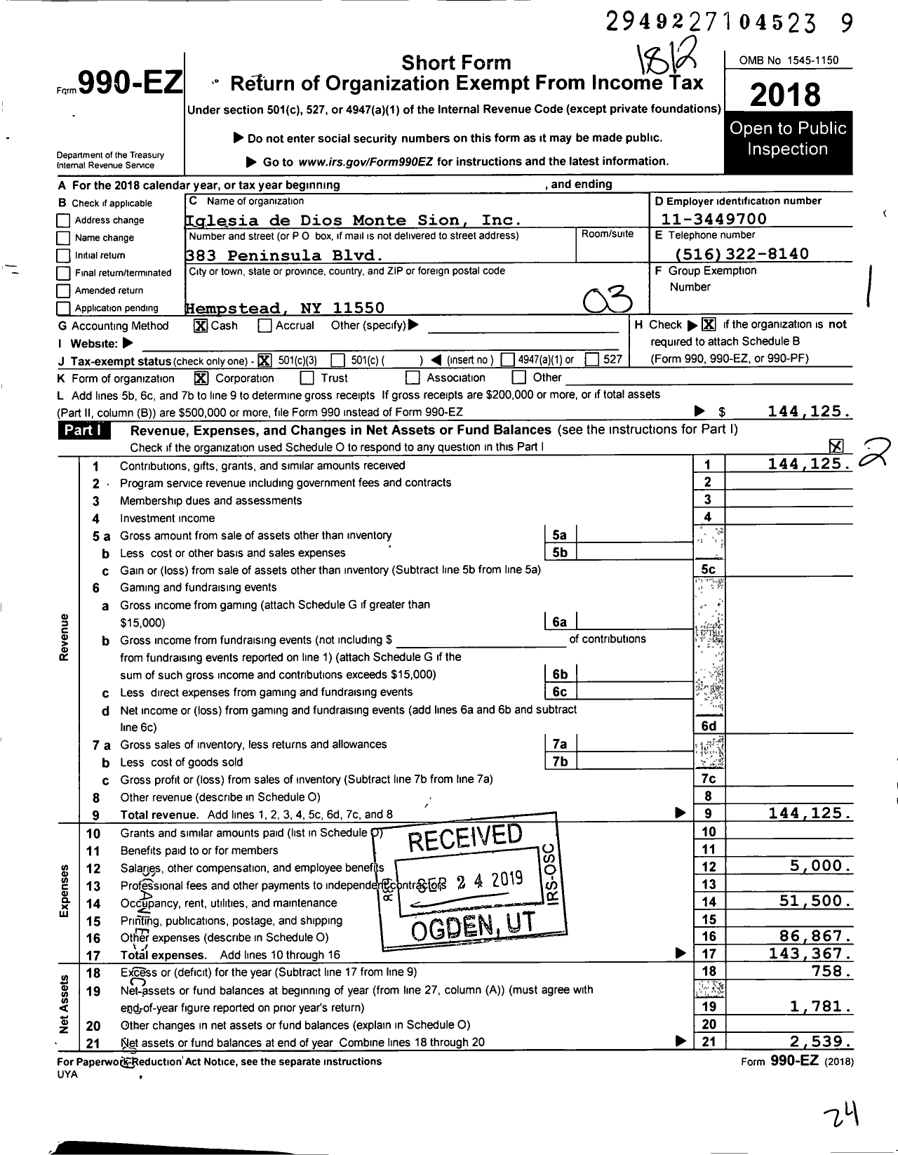 Image of first page of 2018 Form 990EZ for Iglesia de Dios Monte Sion