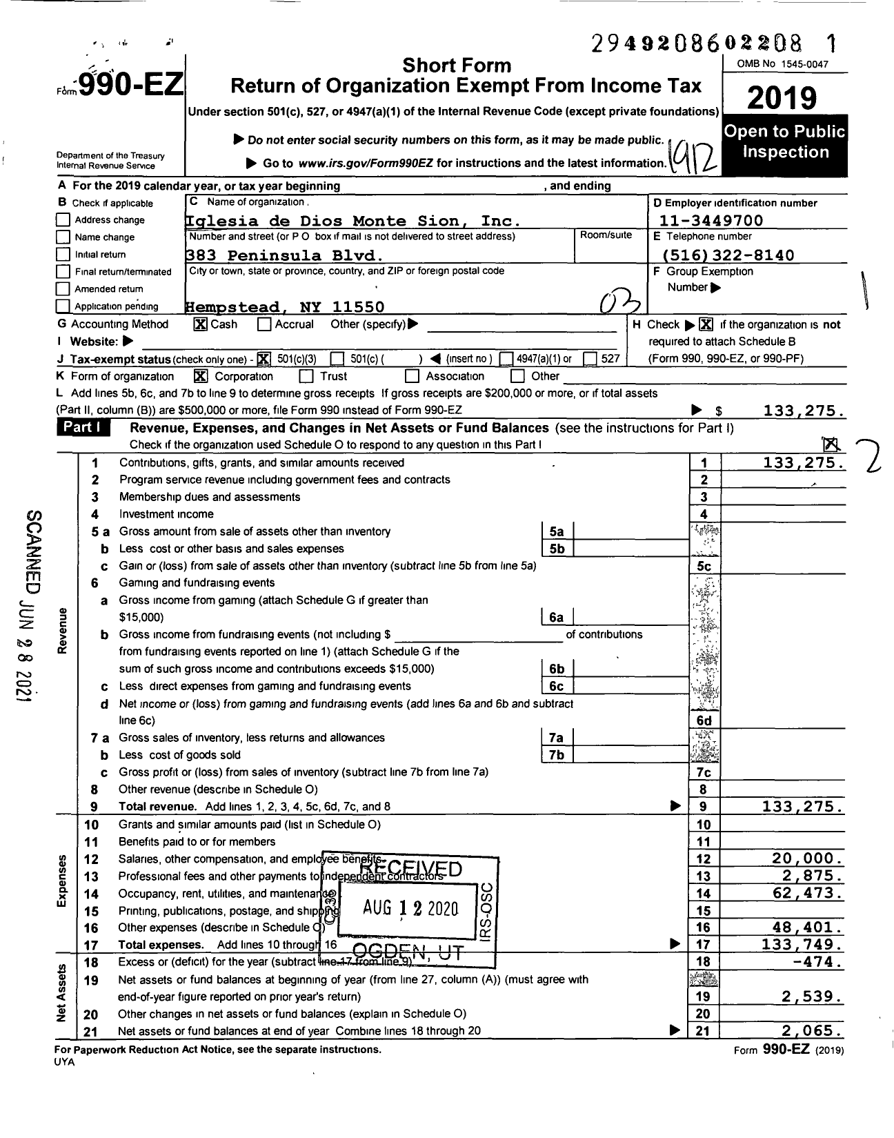 Image of first page of 2019 Form 990EZ for Iglesia de Dios Monte Sion