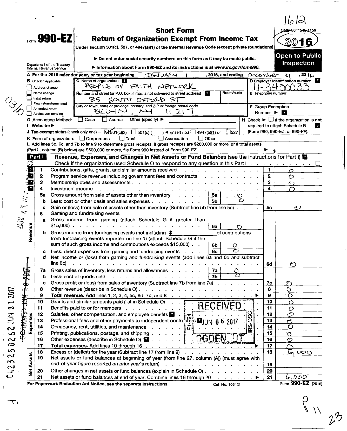 Image of first page of 2016 Form 990EZ for People of Faith Network