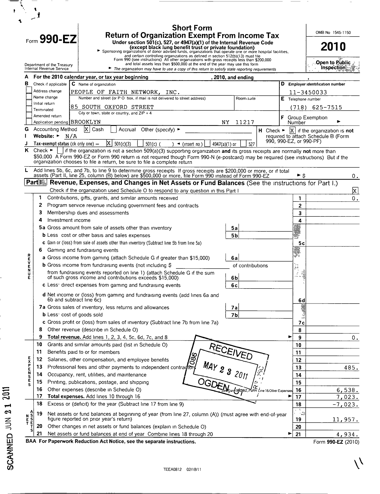 Image of first page of 2010 Form 990EZ for People of Faith Network