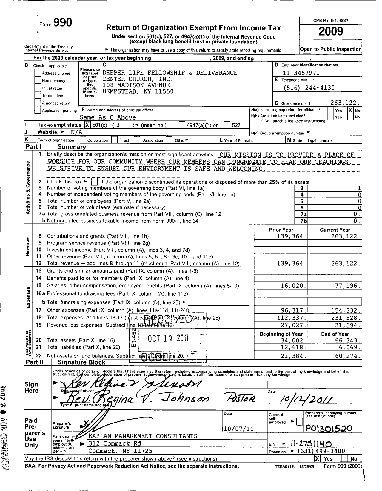 Image of first page of 2009 Form 990 for Deeper Life Fellowship and Deliverance Center Church