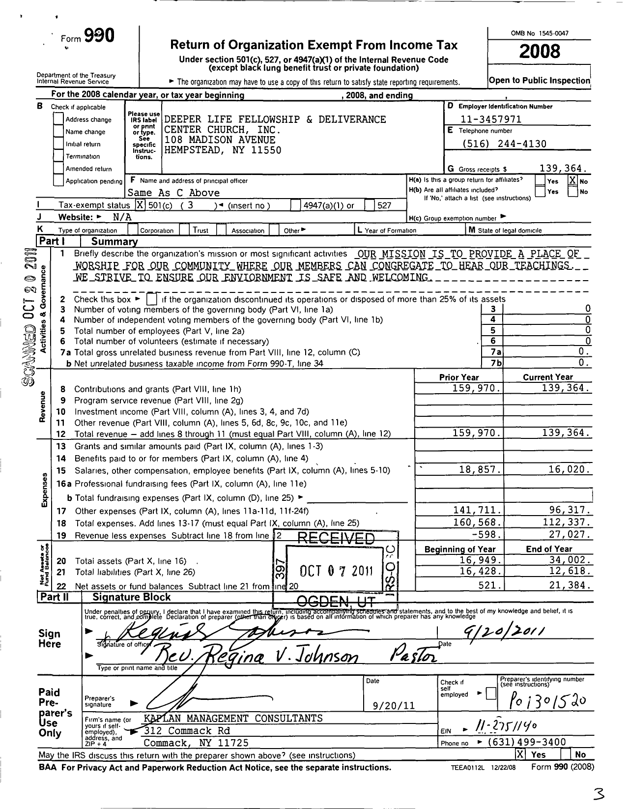 Image of first page of 2008 Form 990 for Deeper Life Fellowship and Deliverance Center Church
