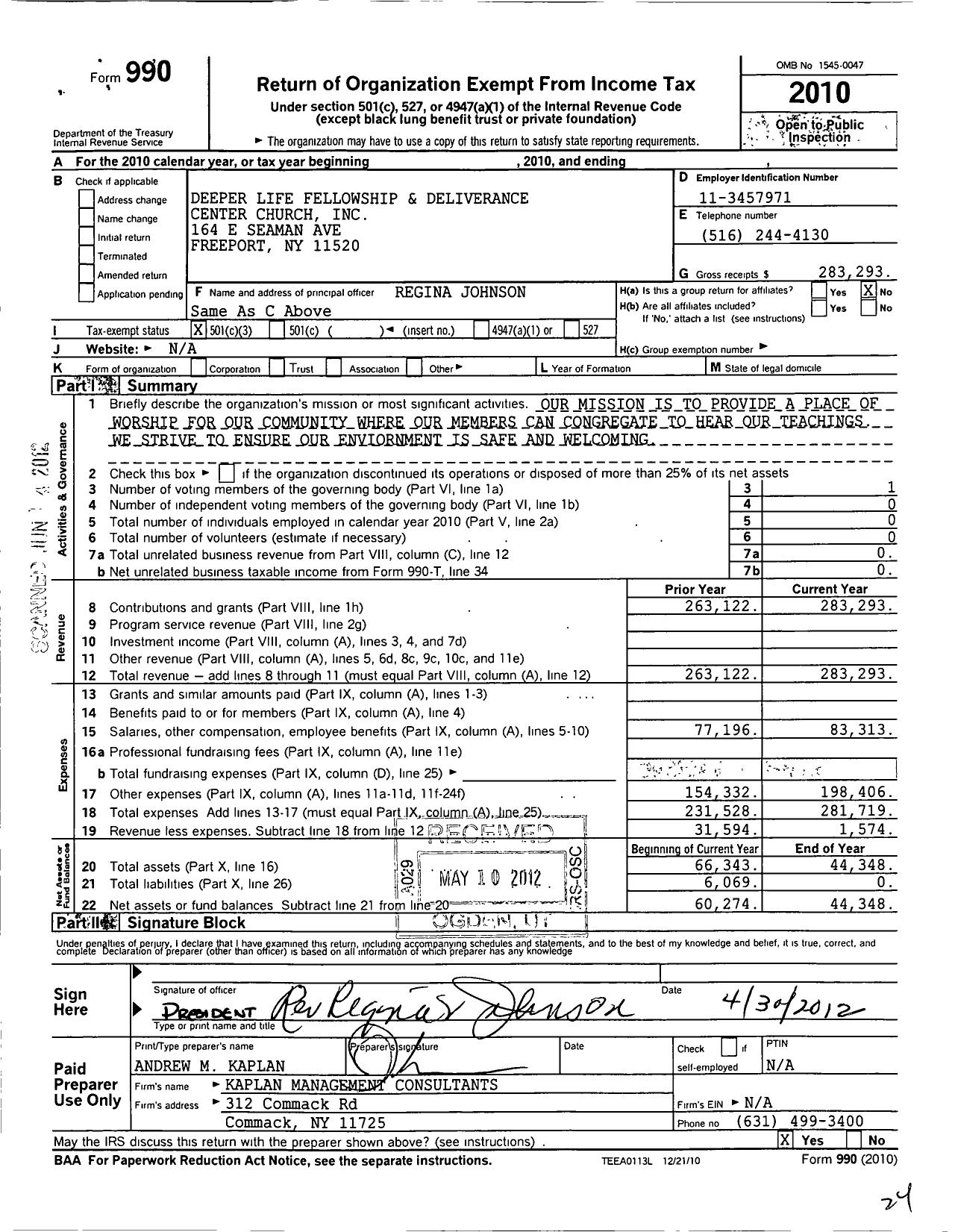 Image of first page of 2010 Form 990 for Deeper Life Fellowship and Deliverance Center Church