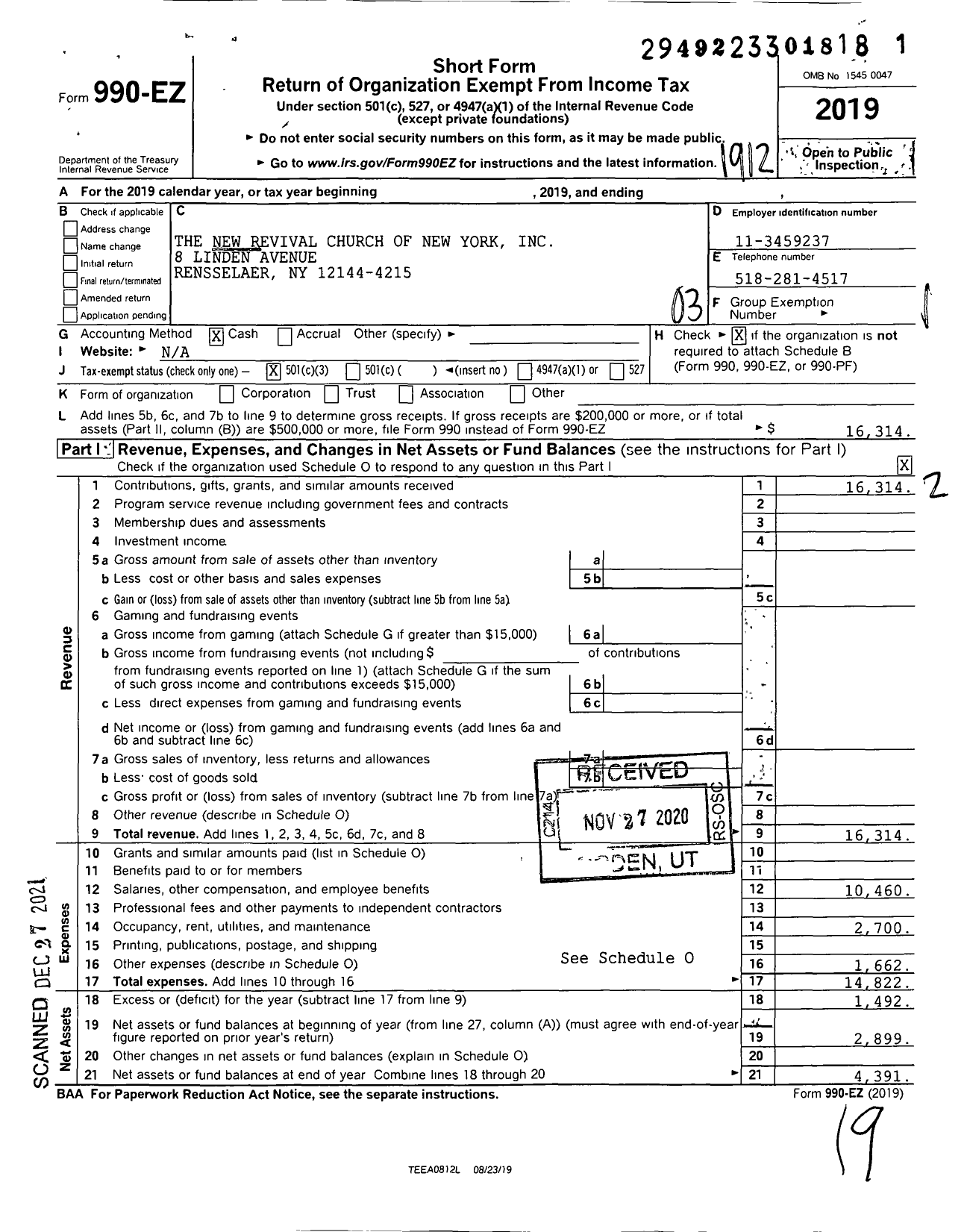 Image of first page of 2019 Form 990EZ for The New Revival Church of New York