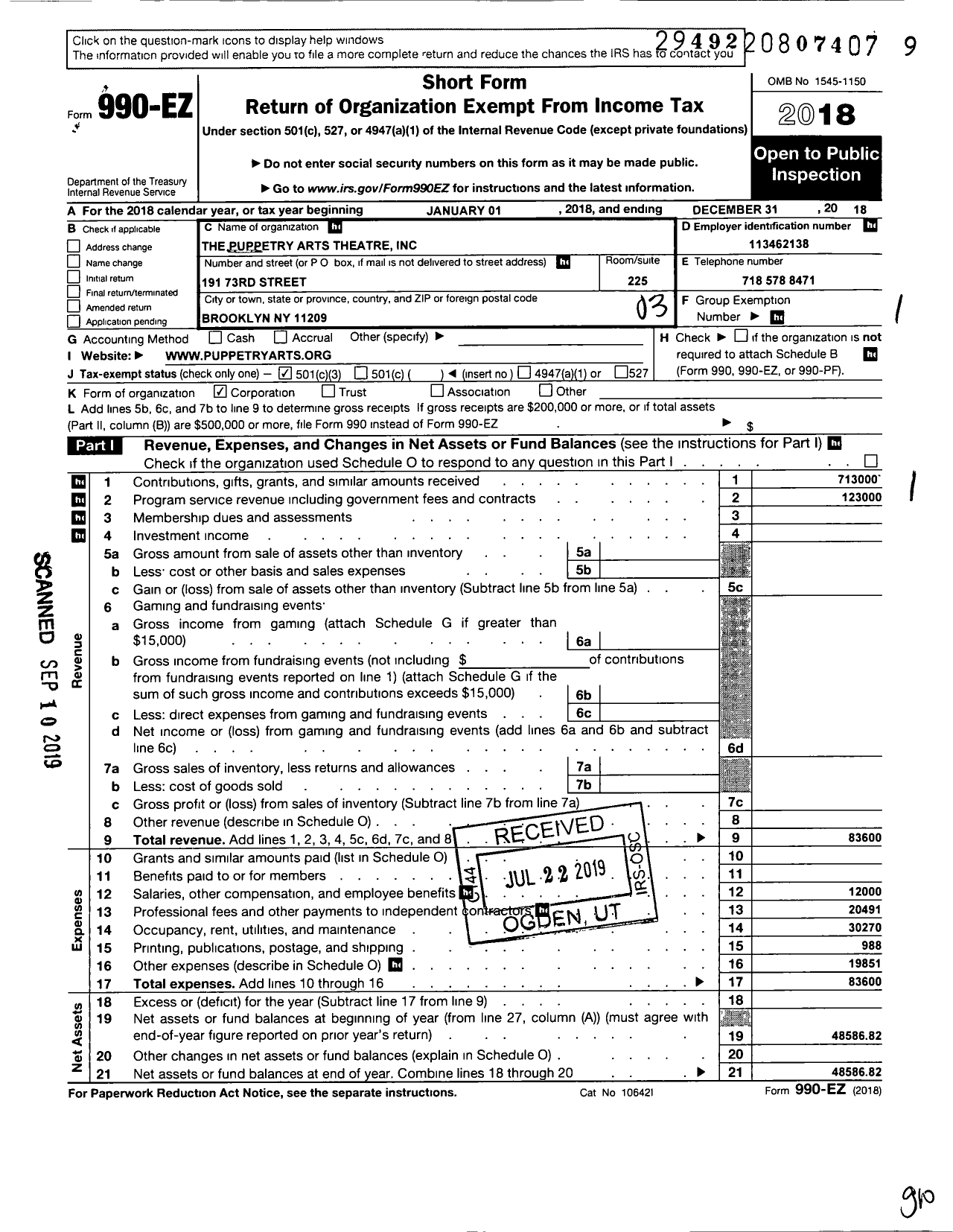 Image of first page of 2018 Form 990EZ for Puppetry Arts Theatre