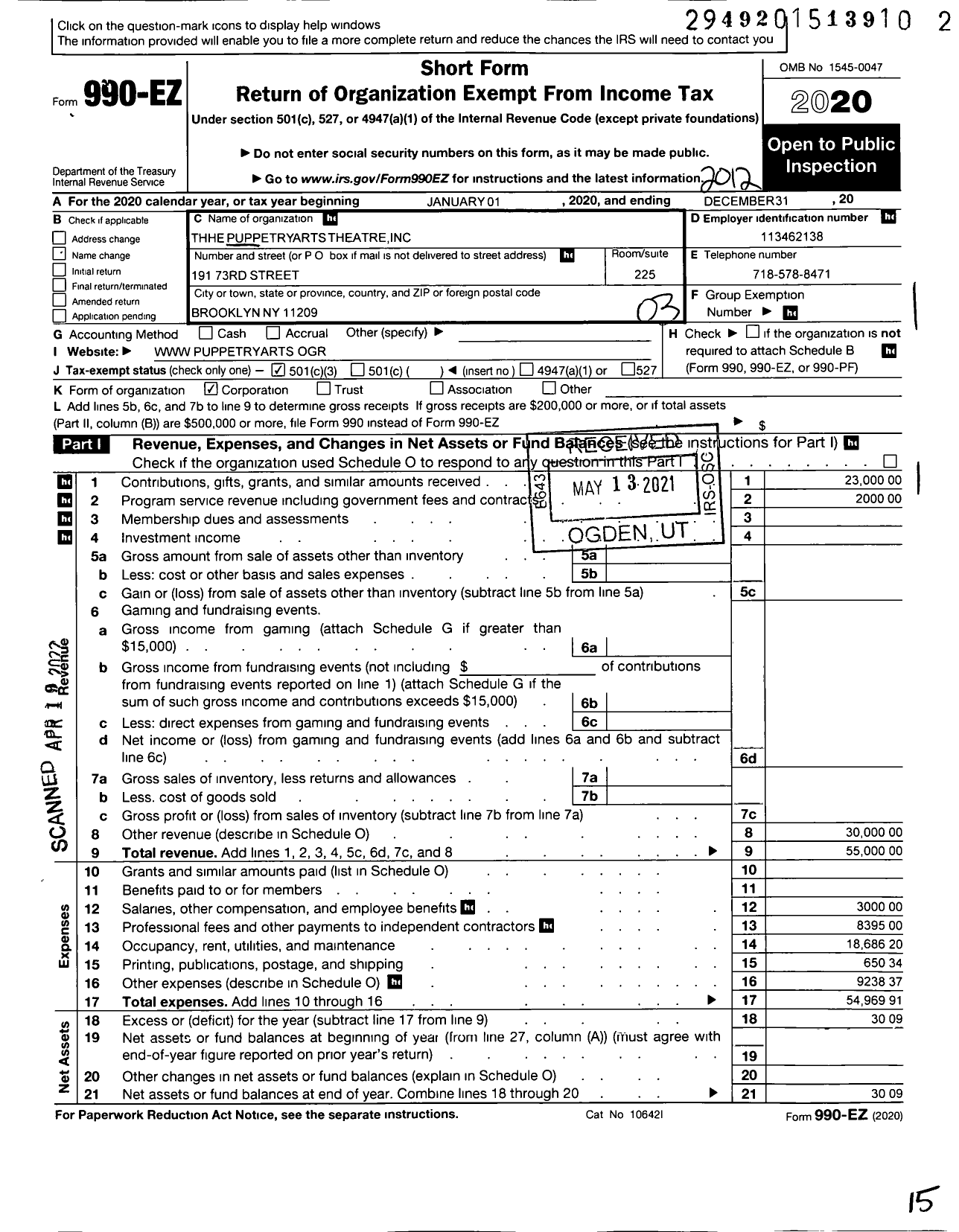 Image of first page of 2020 Form 990EZ for Puppetry Arts Theatre