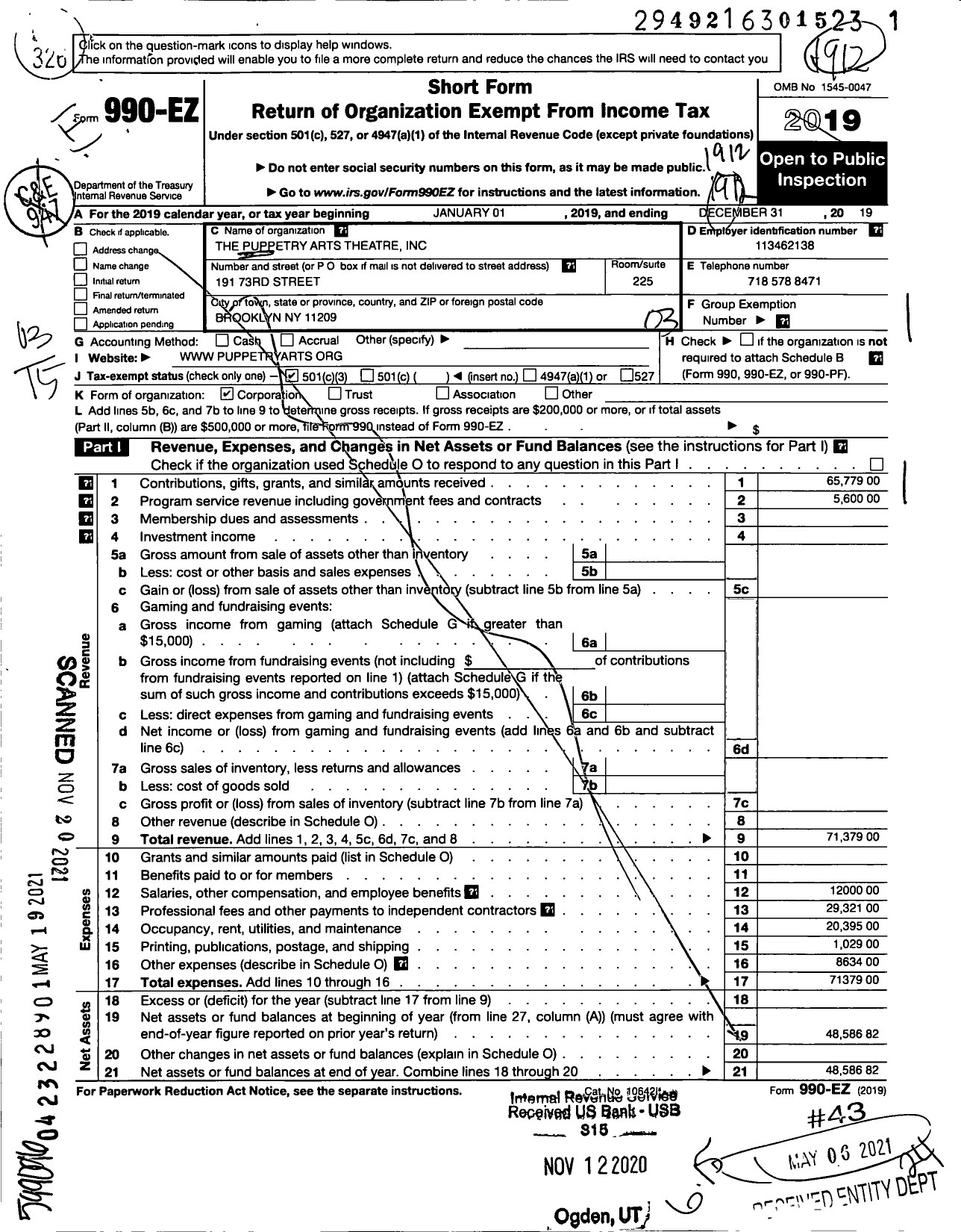 Image of first page of 2019 Form 990EZ for Puppetry Arts Theatre