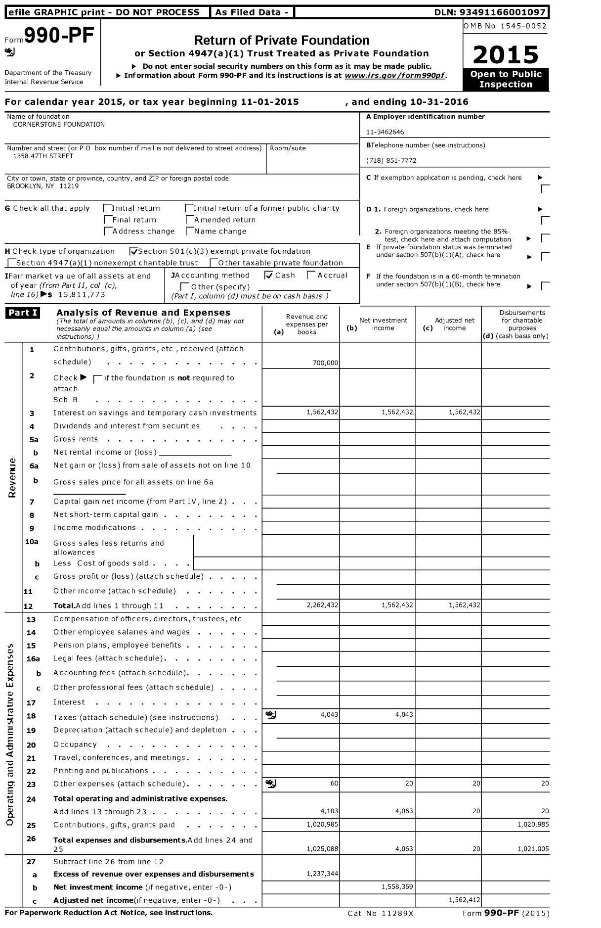 Image of first page of 2015 Form 990PF for Cornerstone Foundation