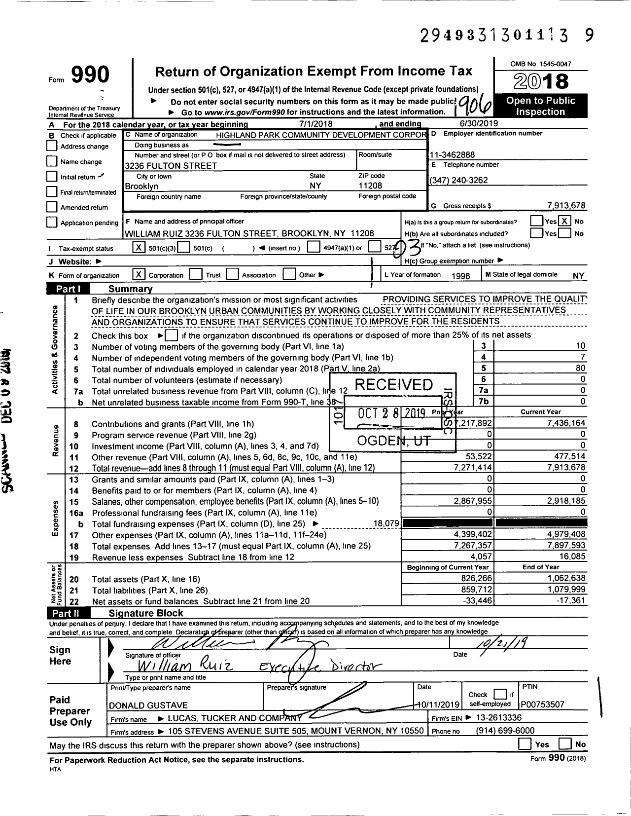 Image of first page of 2018 Form 990 for Highland Park Community Development Corporation
