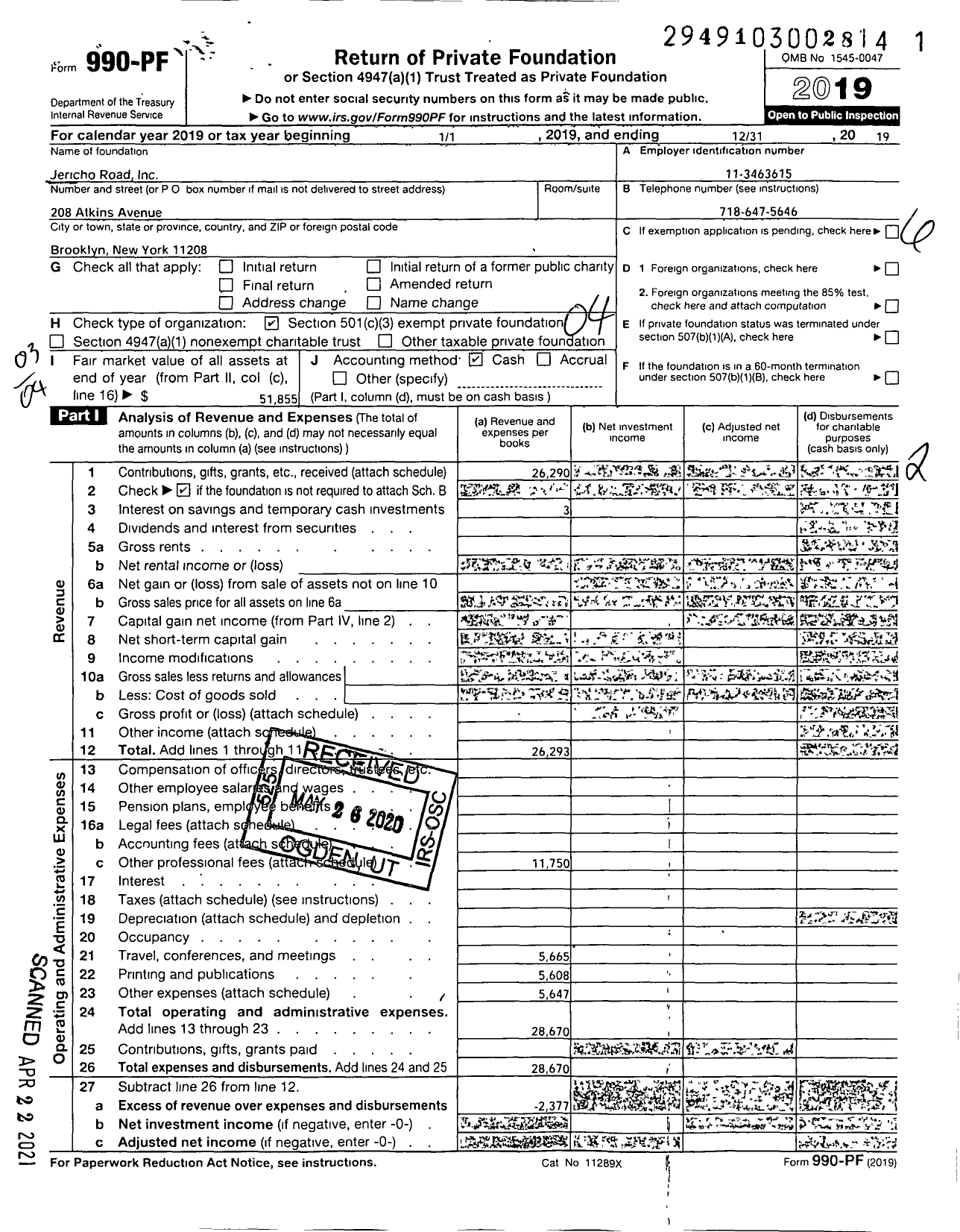 Image of first page of 2019 Form 990PF for Jericho Road