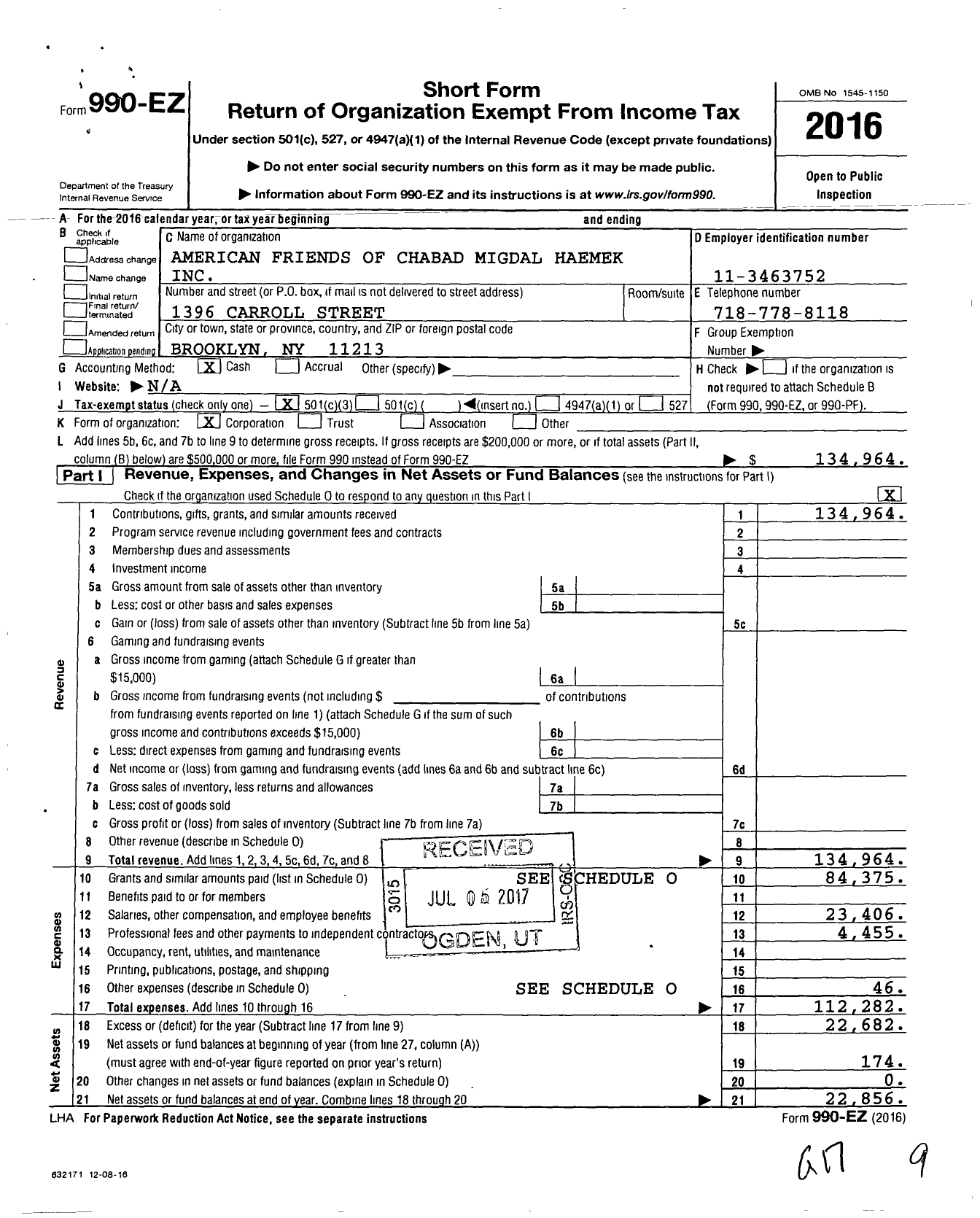 Image of first page of 2016 Form 990EZ for American Friends of Chabad Migdal Haemek