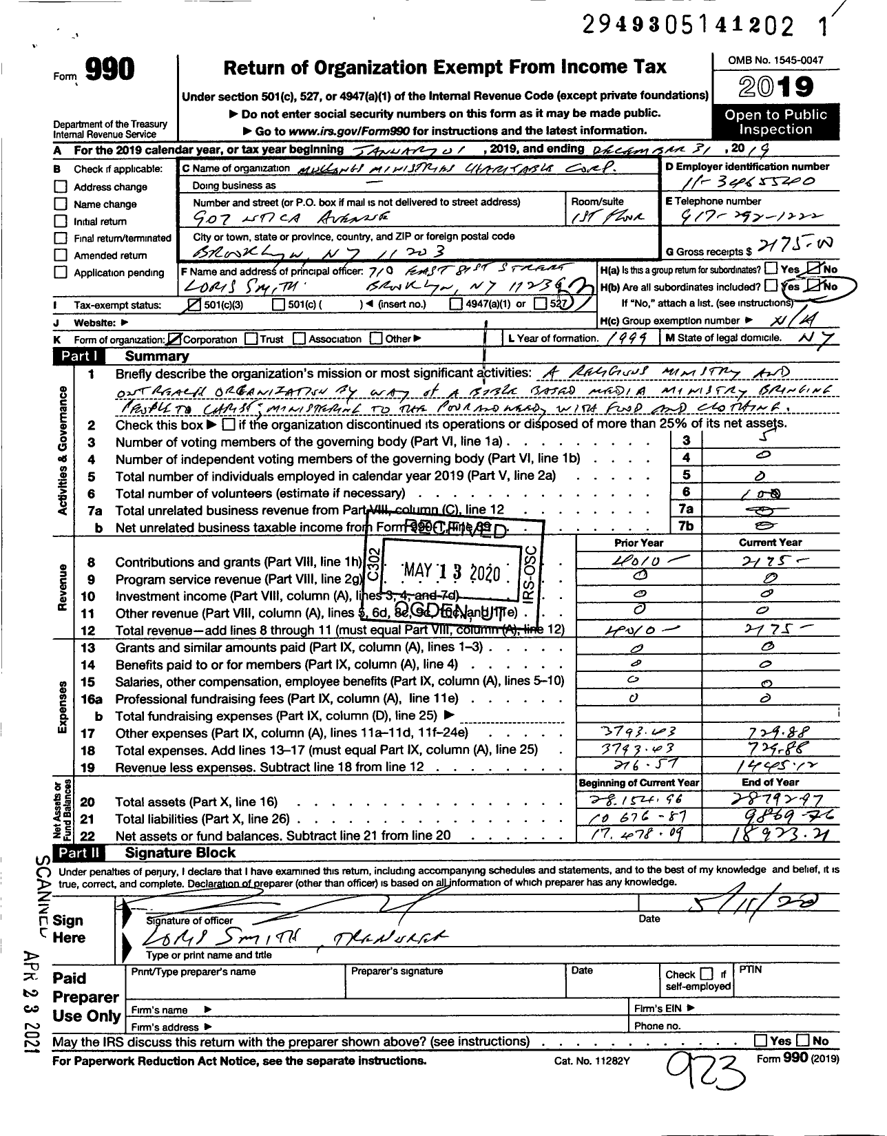 Image of first page of 2019 Form 990 for Mullings Ministries Charitable Corporation