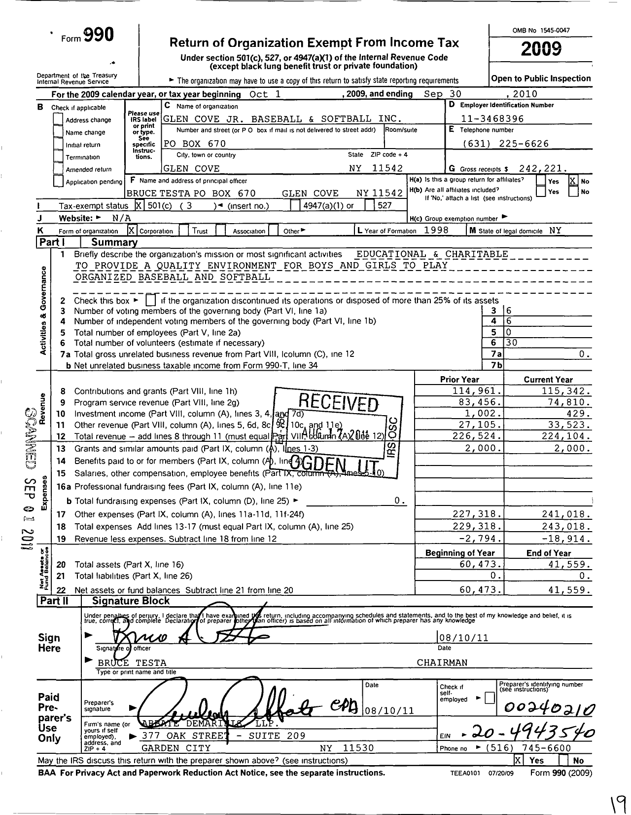 Image of first page of 2009 Form 990 for Glen Cove Junior Baseball and Softball