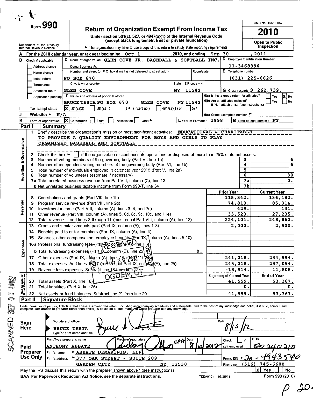 Image of first page of 2010 Form 990 for Glen Cove Junior Baseball and Softball