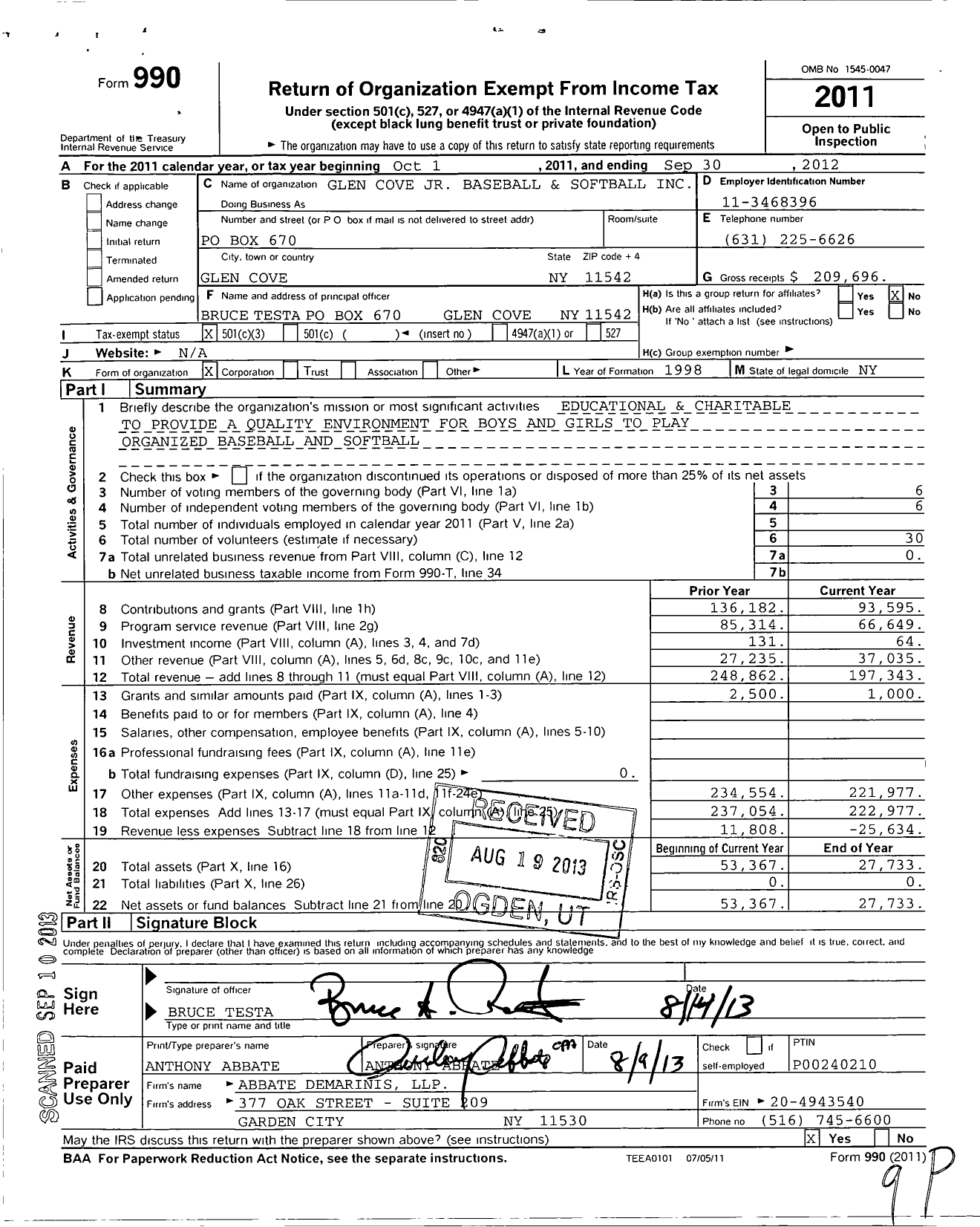 Image of first page of 2011 Form 990 for Glen Cove Junior Baseball and Softball