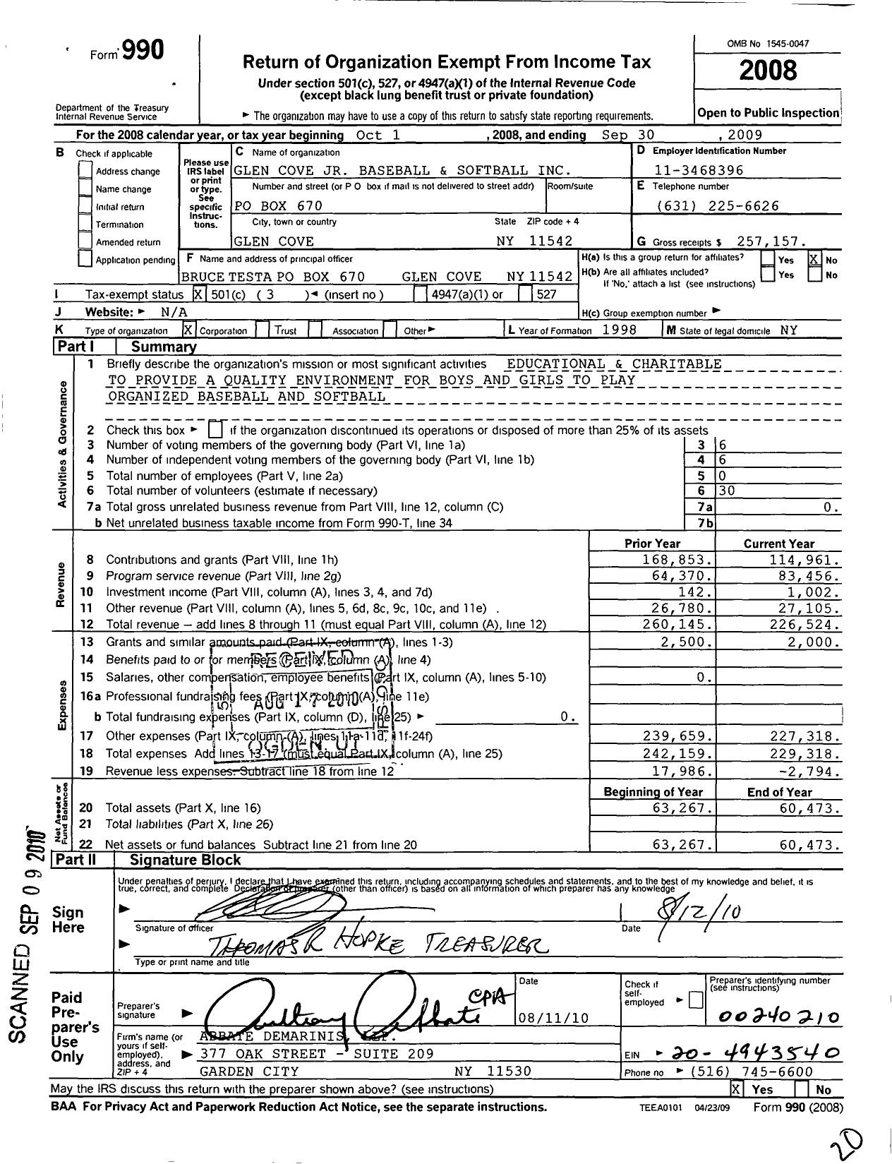 Image of first page of 2008 Form 990 for Glen Cove Junior Baseball and Softball