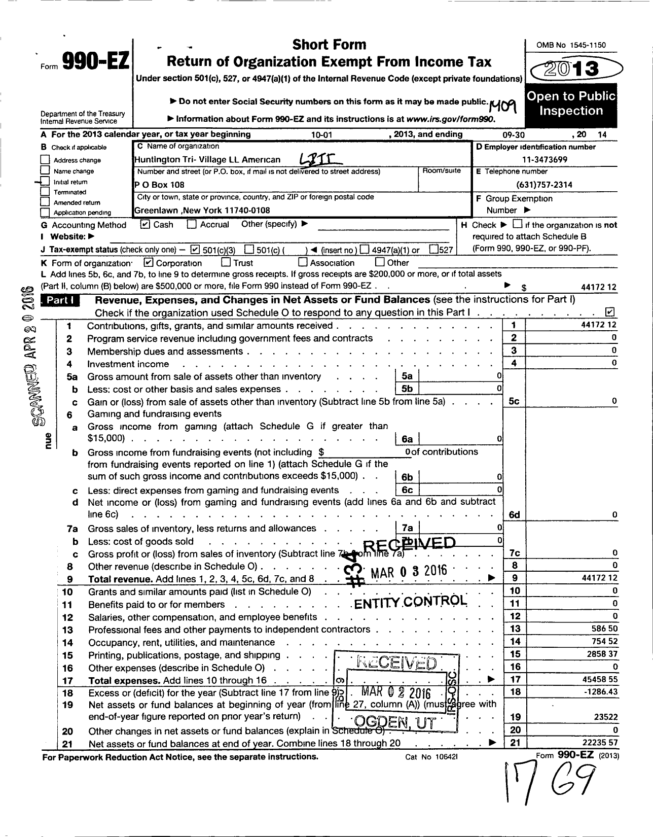 Image of first page of 2013 Form 990EZ for Little League Baseball - 2323408 Huntington Tri-Vil Amer LL