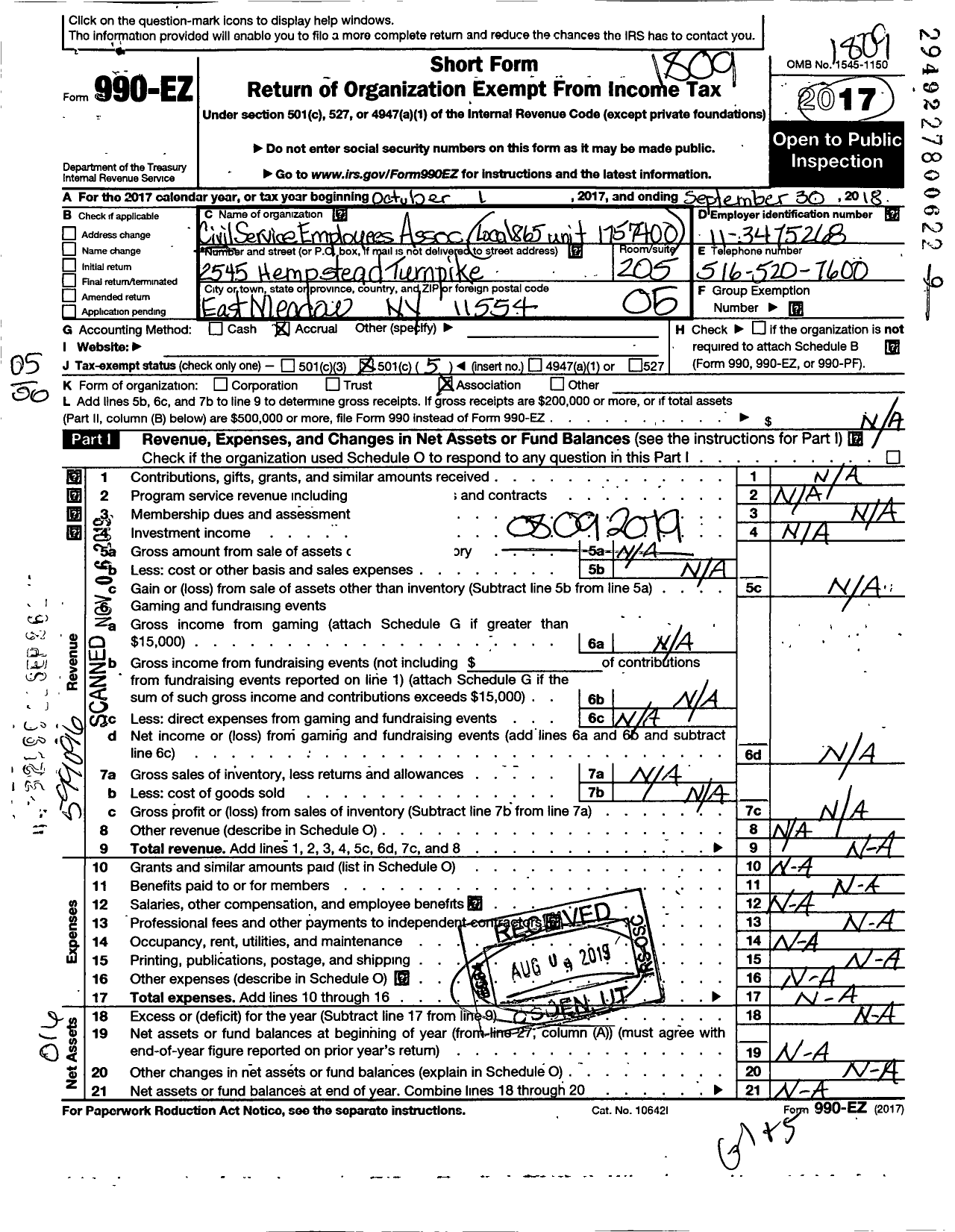 Image of first page of 2017 Form 990O for Civil Service Employees Association - 0865-1757400 Farmingdale Ufsd