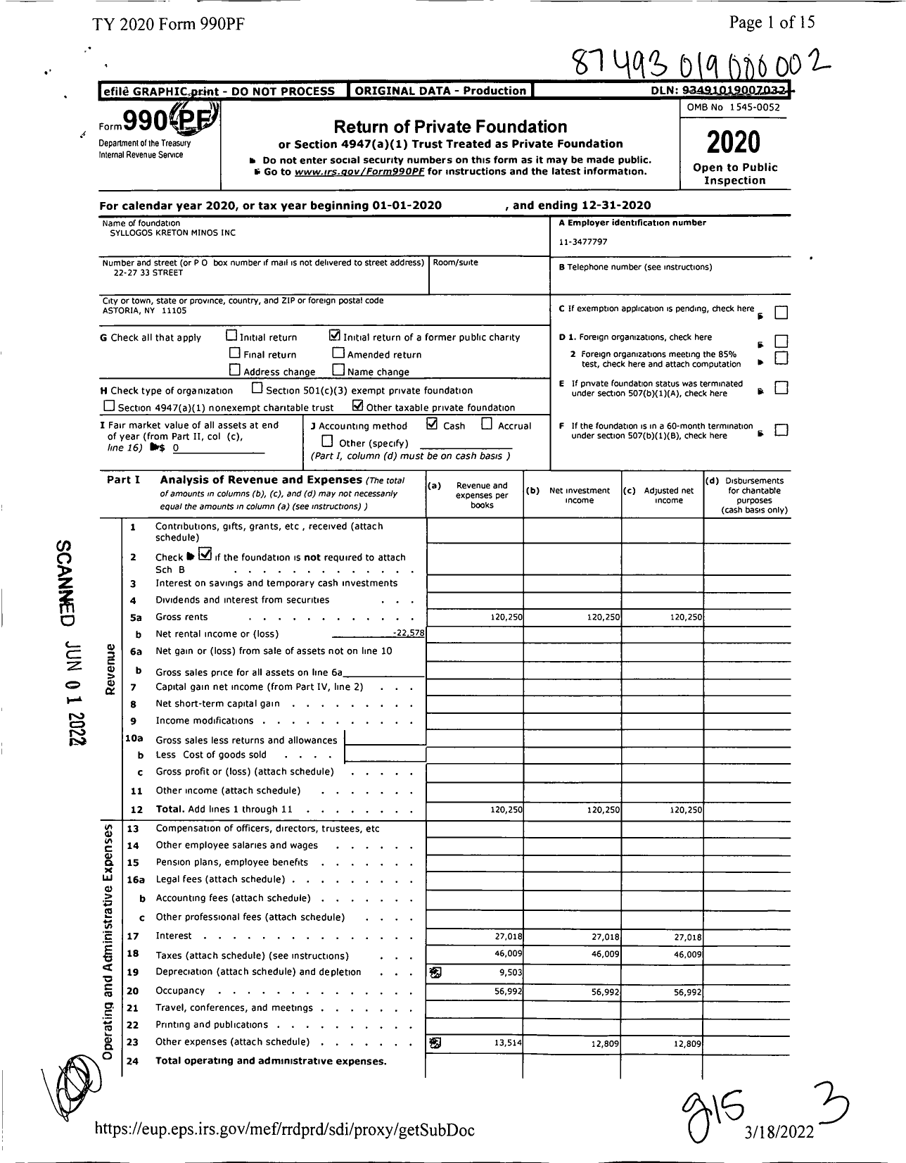 Image of first page of 2020 Form 990PF for Syllogos Kreton Minos