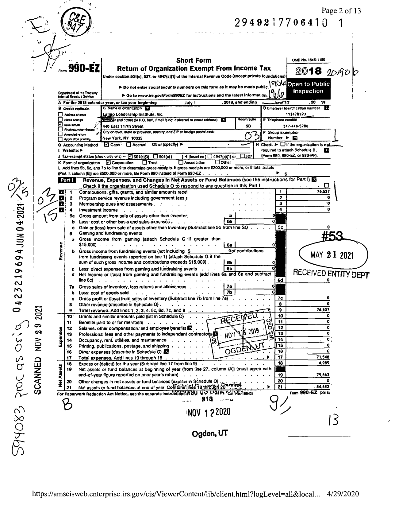 Image of first page of 2018 Form 990EZ for Latino Leadership Institute