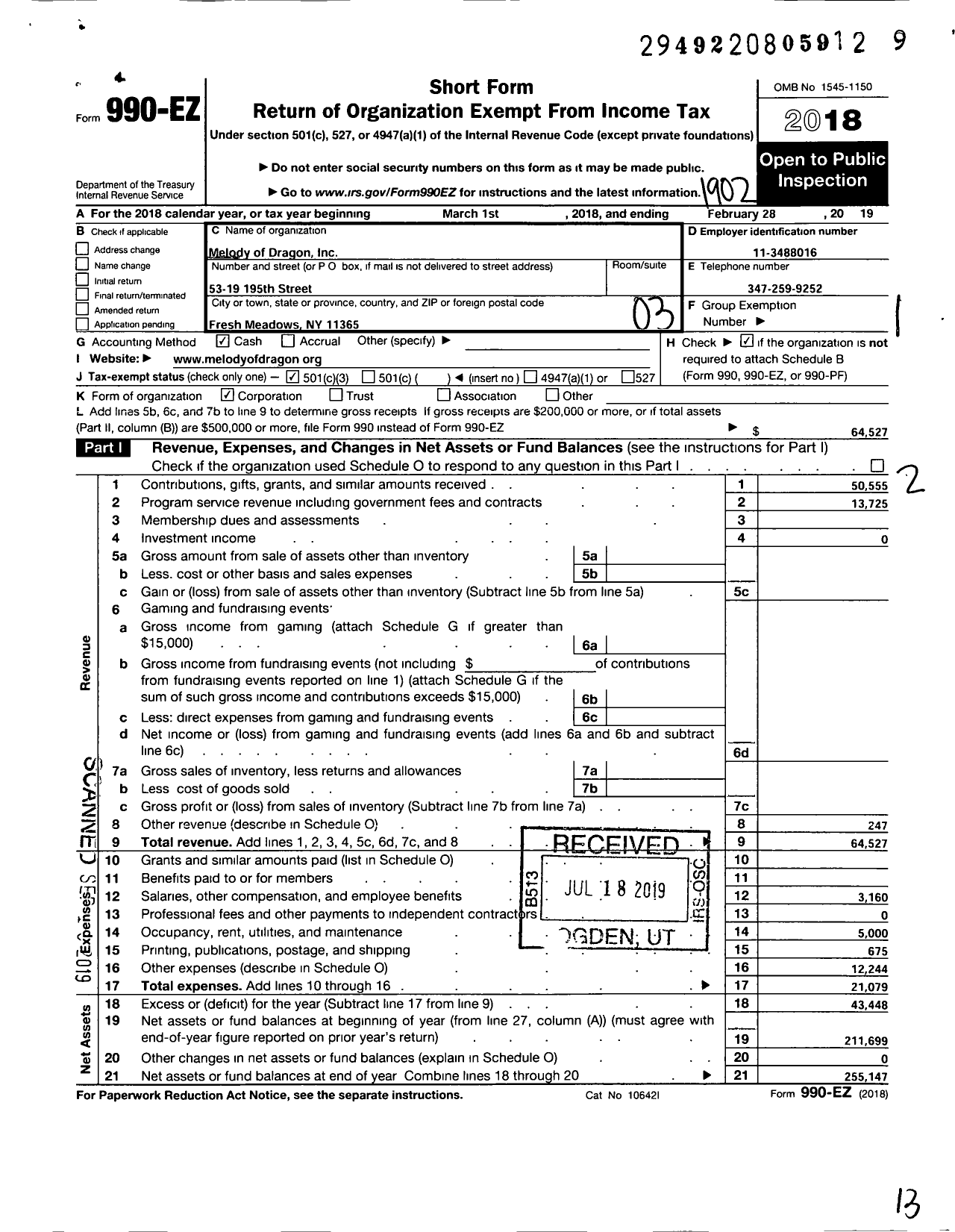 Image of first page of 2018 Form 990EZ for Melody of Dragon