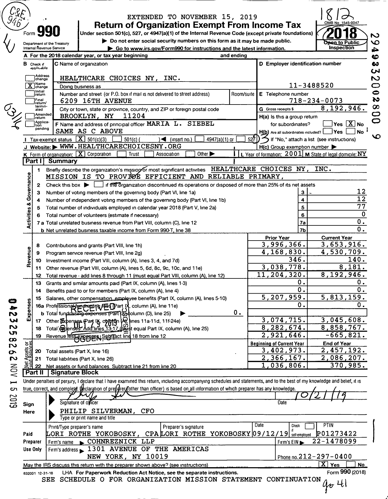 Image of first page of 2018 Form 990 for HealthCare Choices Ny (HCC)