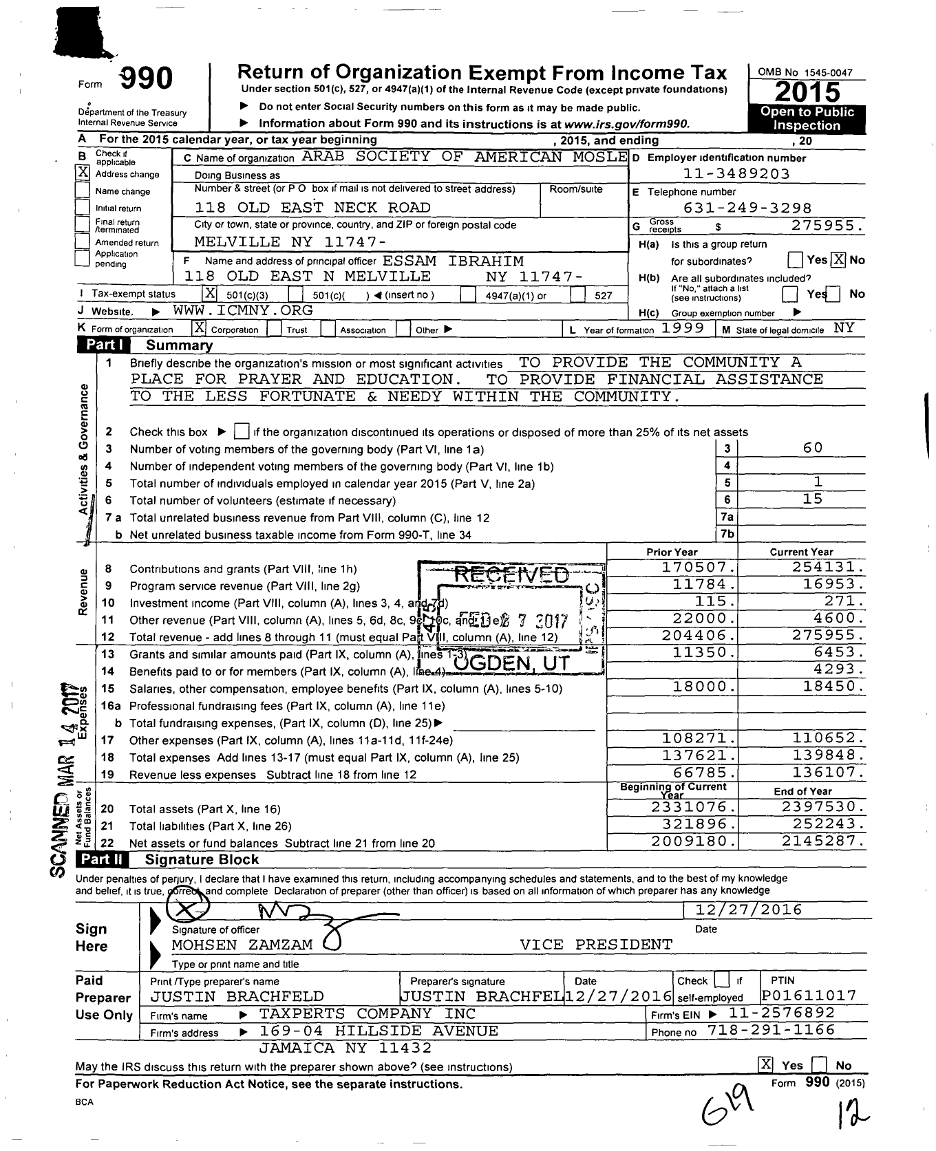 Image of first page of 2015 Form 990 for Arab Society of American Mosle