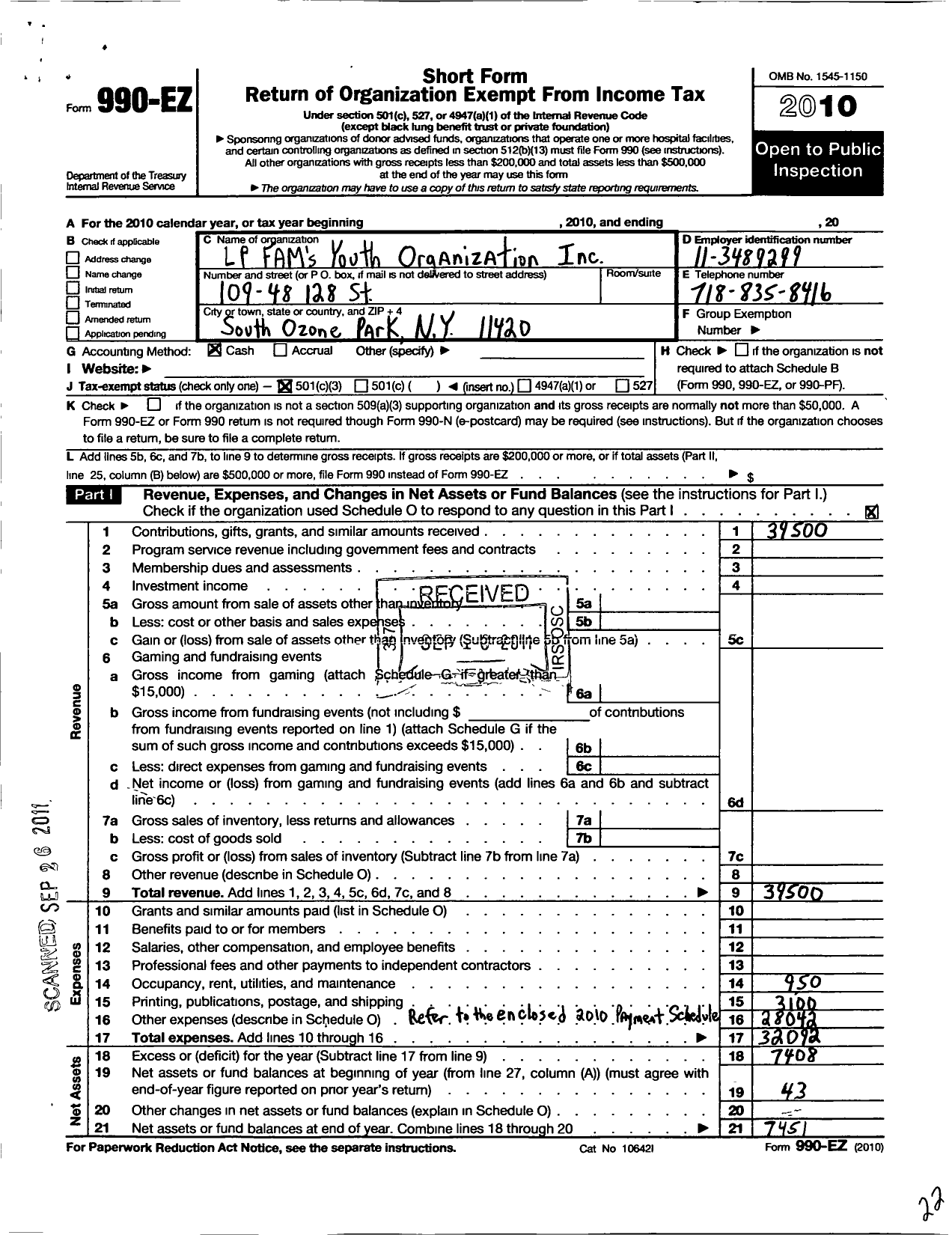 Image of first page of 2010 Form 990EZ for LP Fams Youth Organization