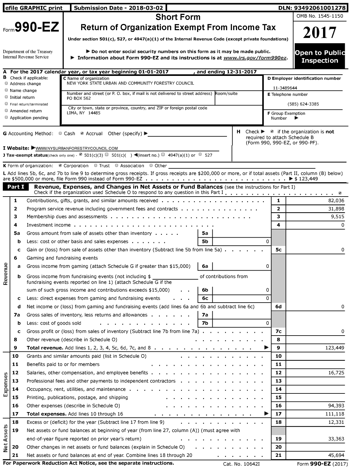 Image of first page of 2017 Form 990EZ for New York State Urban and Community Forestry Council