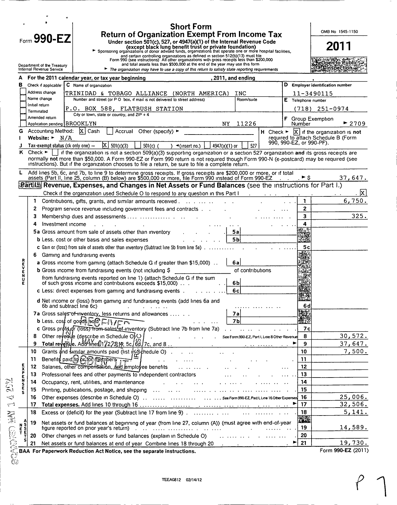 Image of first page of 2011 Form 990EZ for Trinidad and Tobago Alliance Na