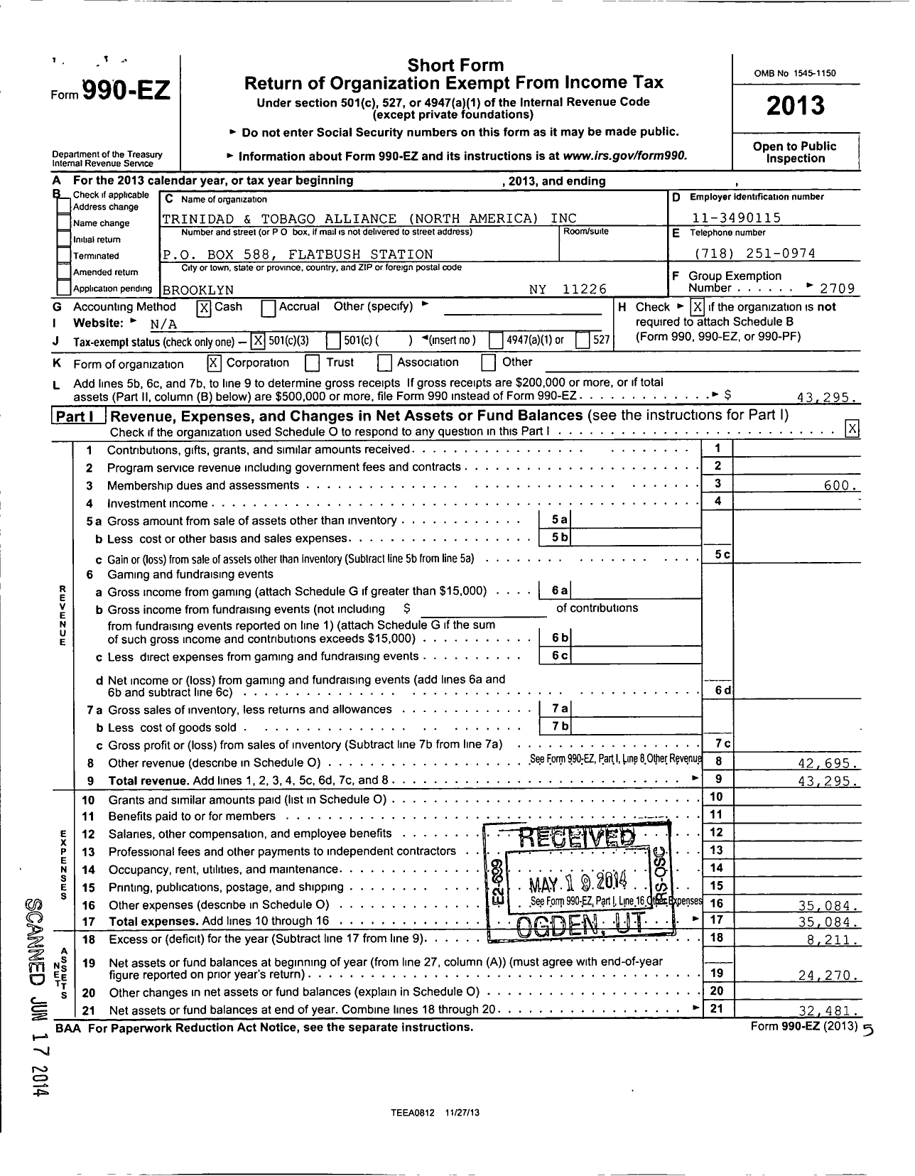 Image of first page of 2013 Form 990EZ for Trinidad and Tobago Alliance Na