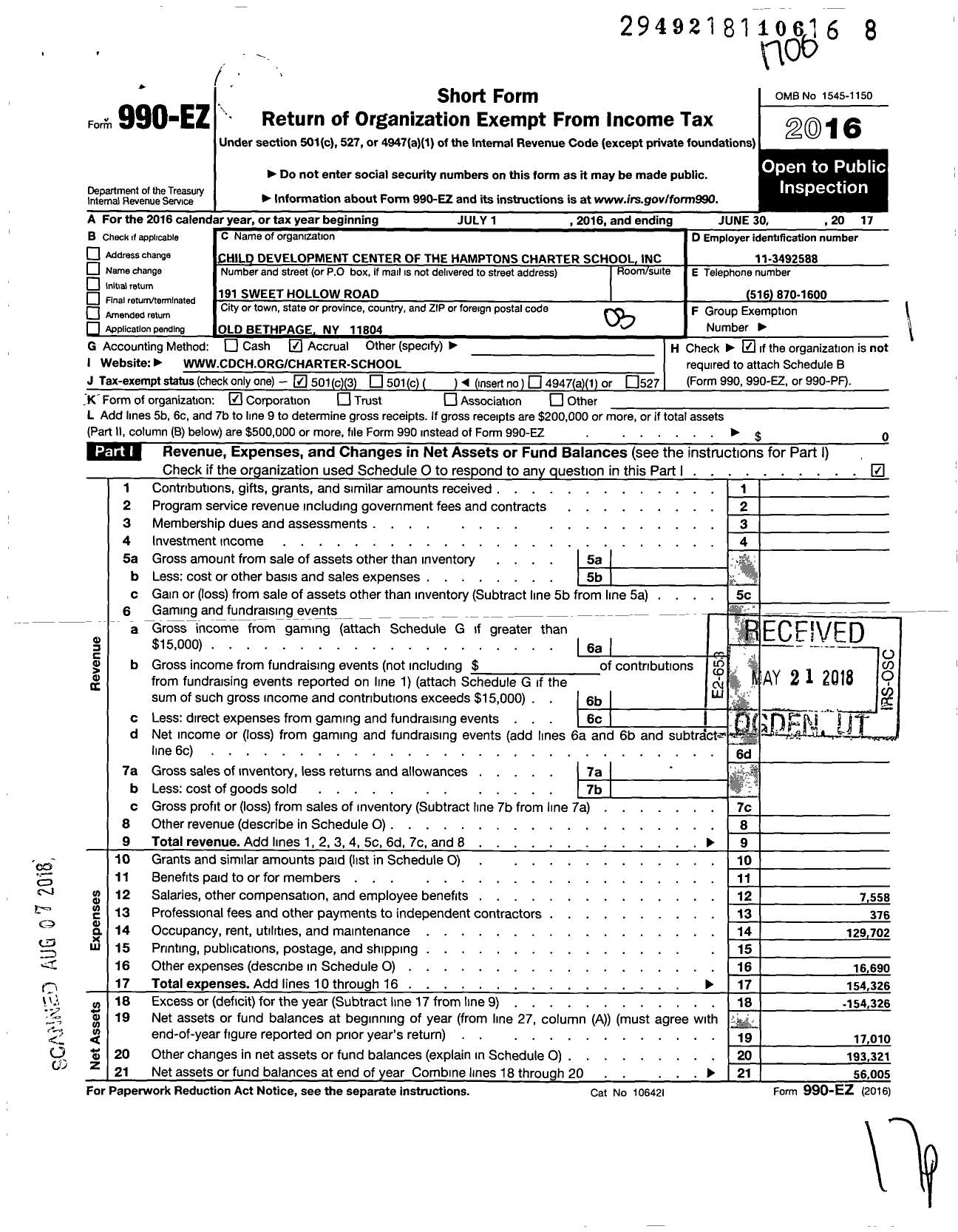 Image of first page of 2016 Form 990EZ for Child Development Center of the Hamptons Charter School