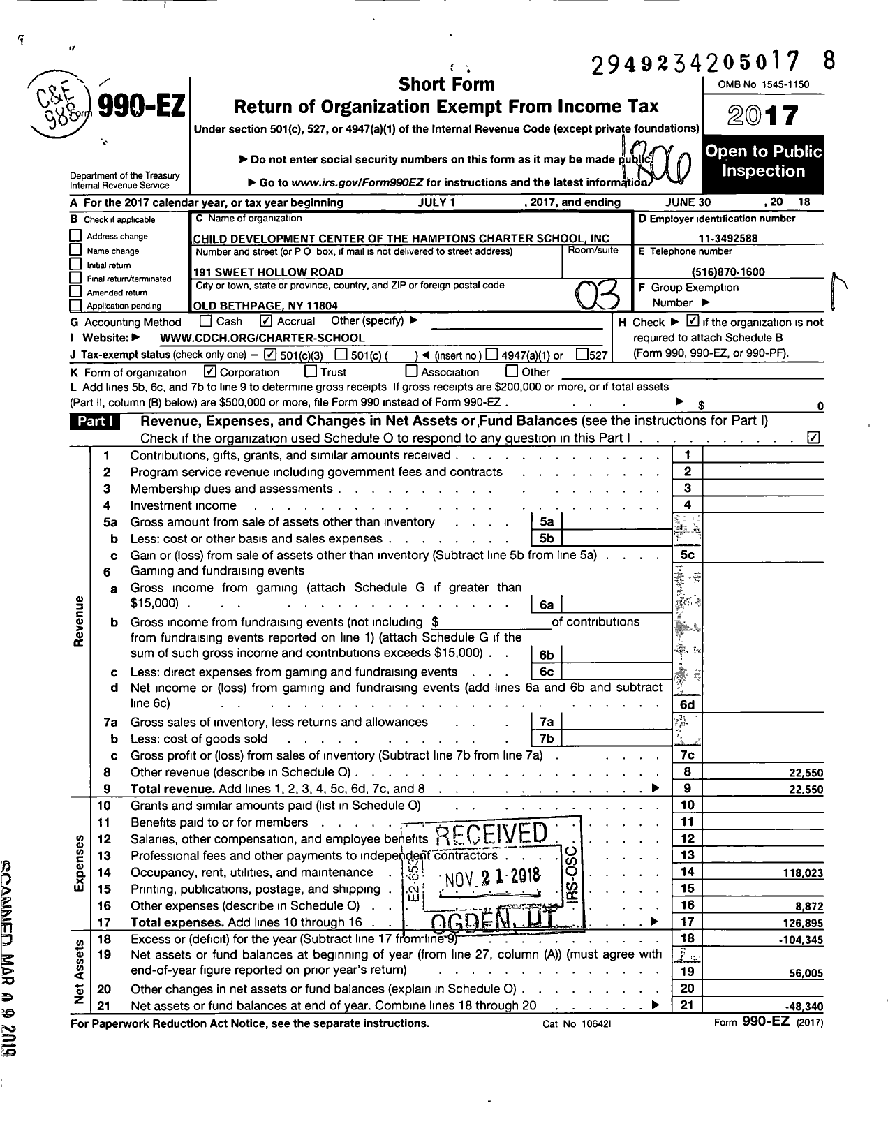 Image of first page of 2017 Form 990EZ for Child Development Center of the Hamptons Charter School