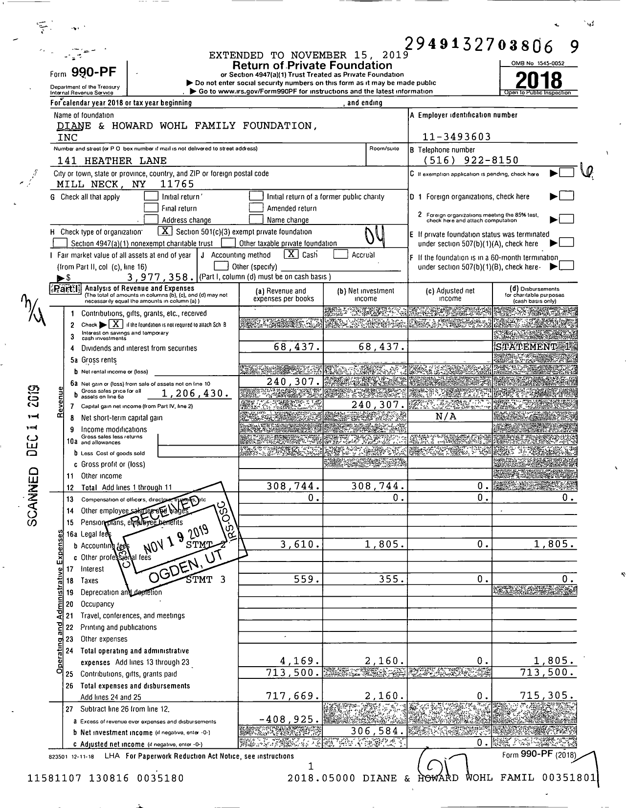 Image of first page of 2018 Form 990PF for Diane and Howard Wohl Family Foundation